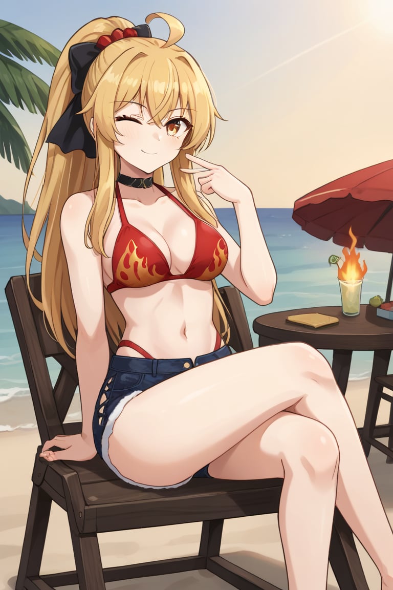 1girl, solo, wosdvacation, marisawosd, blonde hair, long hair, ahoge, ponytail, yellow eyes, black choker, black bow, hair bow, red bikini, highleg, denim shorts, flame print, outdoors, beach, sitting, chair, wink, legs crossed, looking at viewer