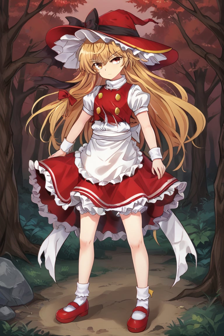 1girl, solo, marisawosd, blonde hair, long hair, yellow eyes, witch hat, hair bow, hat bow, white shirt, short sleeves, puffy sleeves, red vest, torn vest, buttons, wrist cuffs, waist apron, red skirt, socks, red mary janes, full body, standing, serious, outdoors, forest,