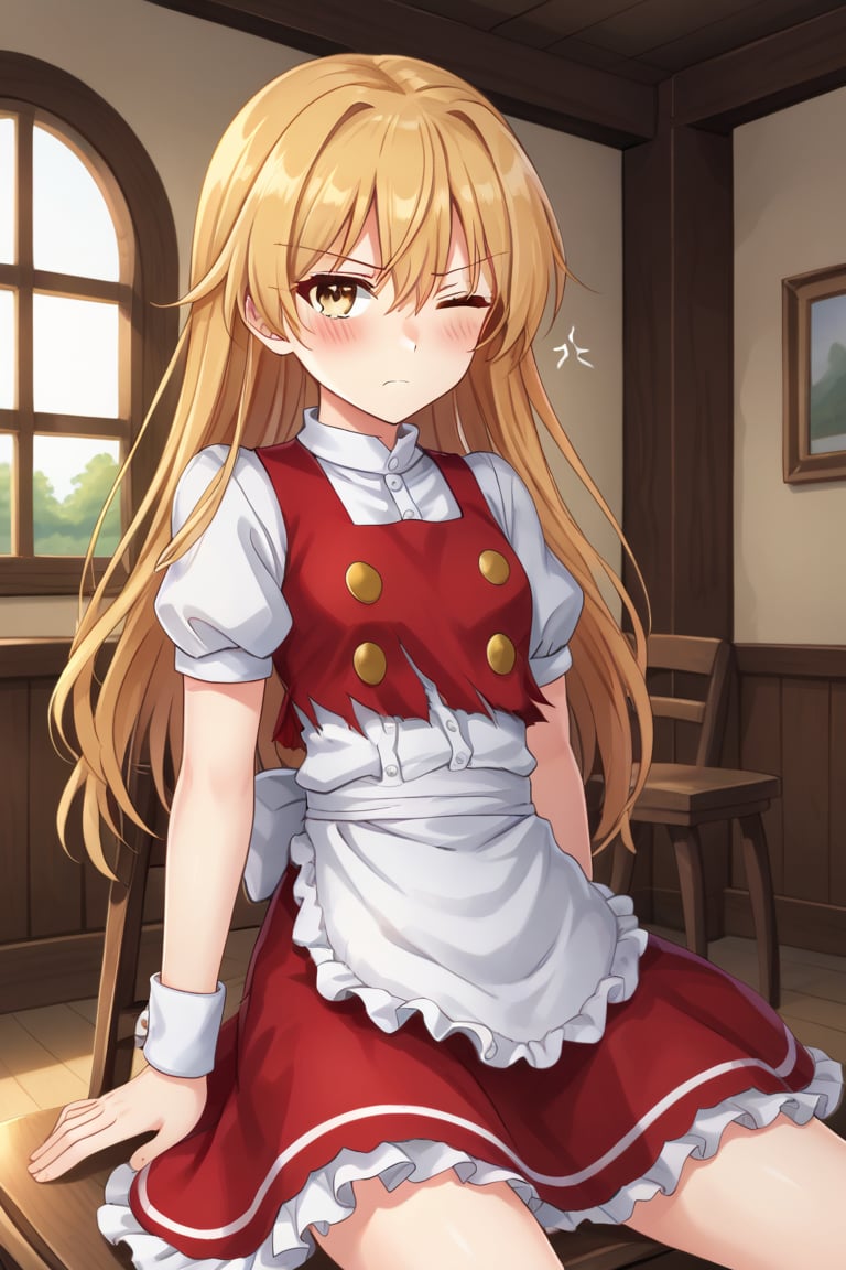 1girl, solo, marisawosd, blonde hair, long hair, hair down, yellow eyes, hair bow, red bow, white shirt, short sleeves, puffy sleeves, red vest, torn vest, buttons, wrist cuffs, waist apron, red skirt, sitting, chair, wink, blush, annoyed, indoors, old house, wooden house, looking at viewer, facing the viewer,