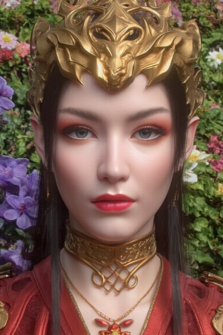 close-up of a serene Chinese warrior woman's face, red attire blending with surrounding flora. black straight long hair. Spotlight illuminates forehead, highlighting pores and subtle wrinkles. Skin texture scrutinized, showcasing gentle complexion. Nose and cheeks cast in soft shadows, as the subject exudes tranquility in the lush flower garden.,photo,SKIN,perikecil,Xmeidusha