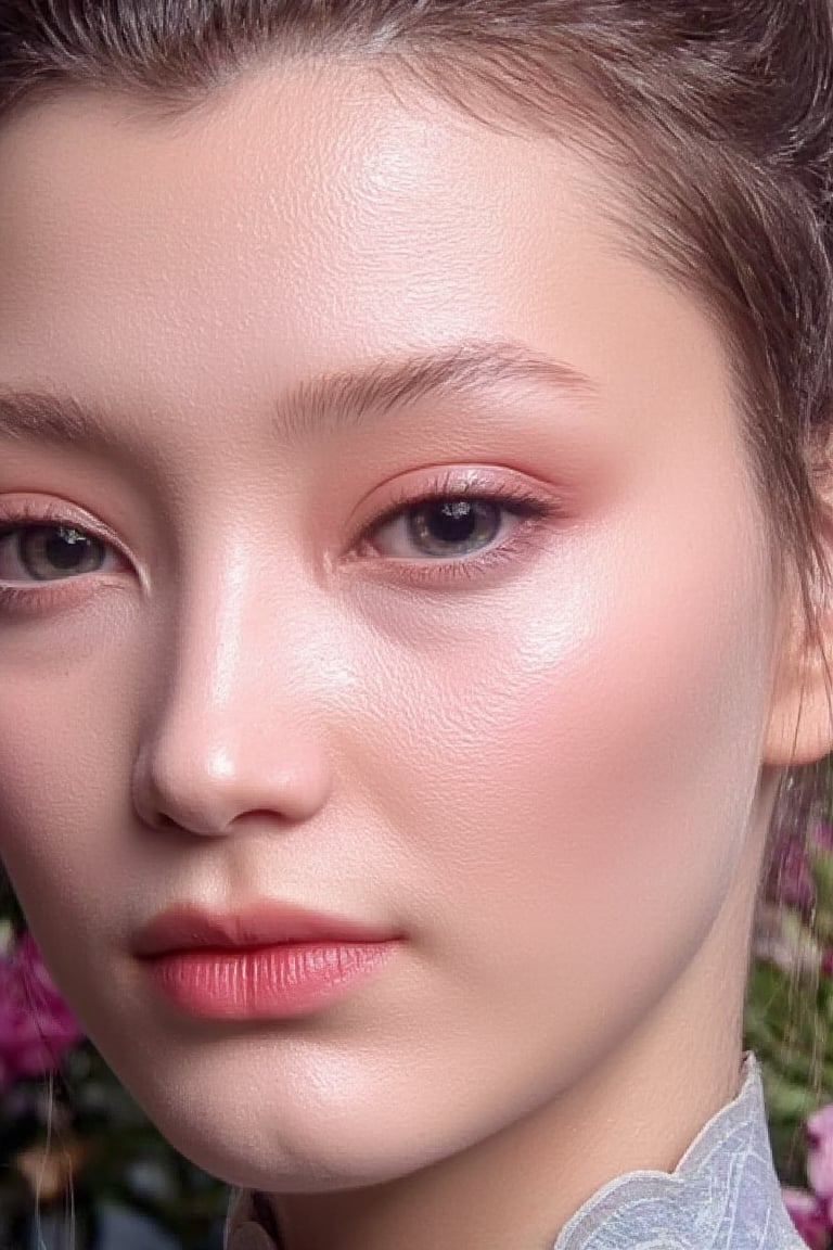 close-up of a serene Chinese warrior woman's face, purple attire blending with surrounding flora. purple hair. Spotlight illuminates forehead, highlighting pores and subtle wrinkles. Skin texture scrutinized, showcasing gentle complexion. Nose and cheeks cast in soft shadows, as the subject exudes tranquility in the lush flower garden.,photo,SKIN,perikecil,Xmeidusha,Xhanxue