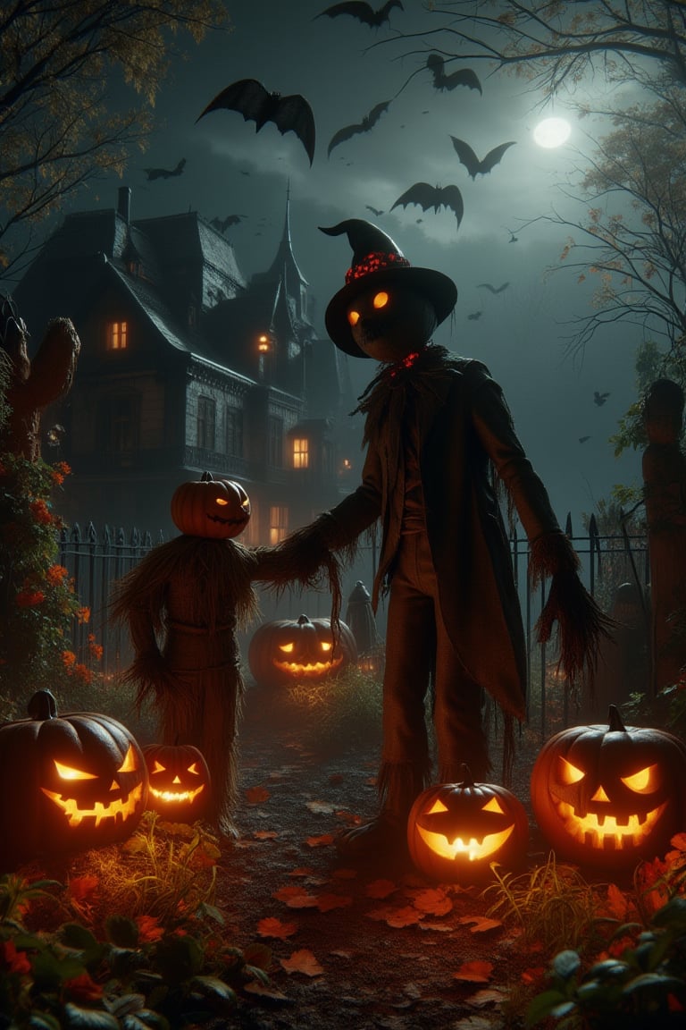 (masterpiece, top quality, best quality, beautiful and aesthetic), high_res, extremely detailed, (Cinmatic:0.4), 7characters, A group of halloween (werewolf) (vampire) (pumpkin head man) (mummy) (scarecrow) (zombie) (skeleton), eagerly knocking on doors and collecting candy in their pumpkin-shaped buckets.,DarkHalloween