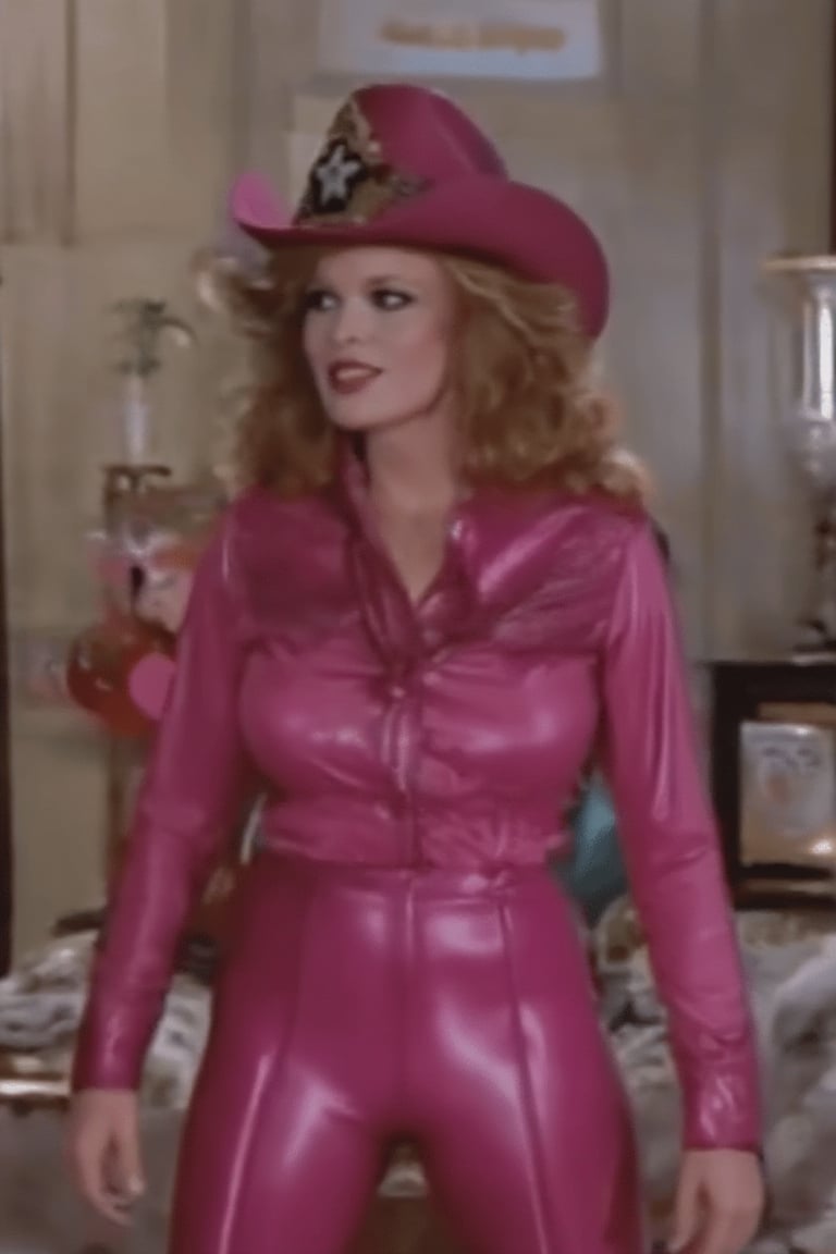 LD#,lisa doing a sexy glamorous pose in a pink leather cowgirl skintight shirt and skintight pink leather pants with long straight hair and a pink cowgirl hat