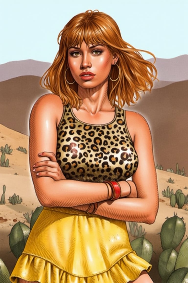 La woman in a leopard print top and a frilly yellow skirt, arms crossed, standing in a desert, Ginger hair with blunt bangs, hoop earrings, cactus, by serpieri