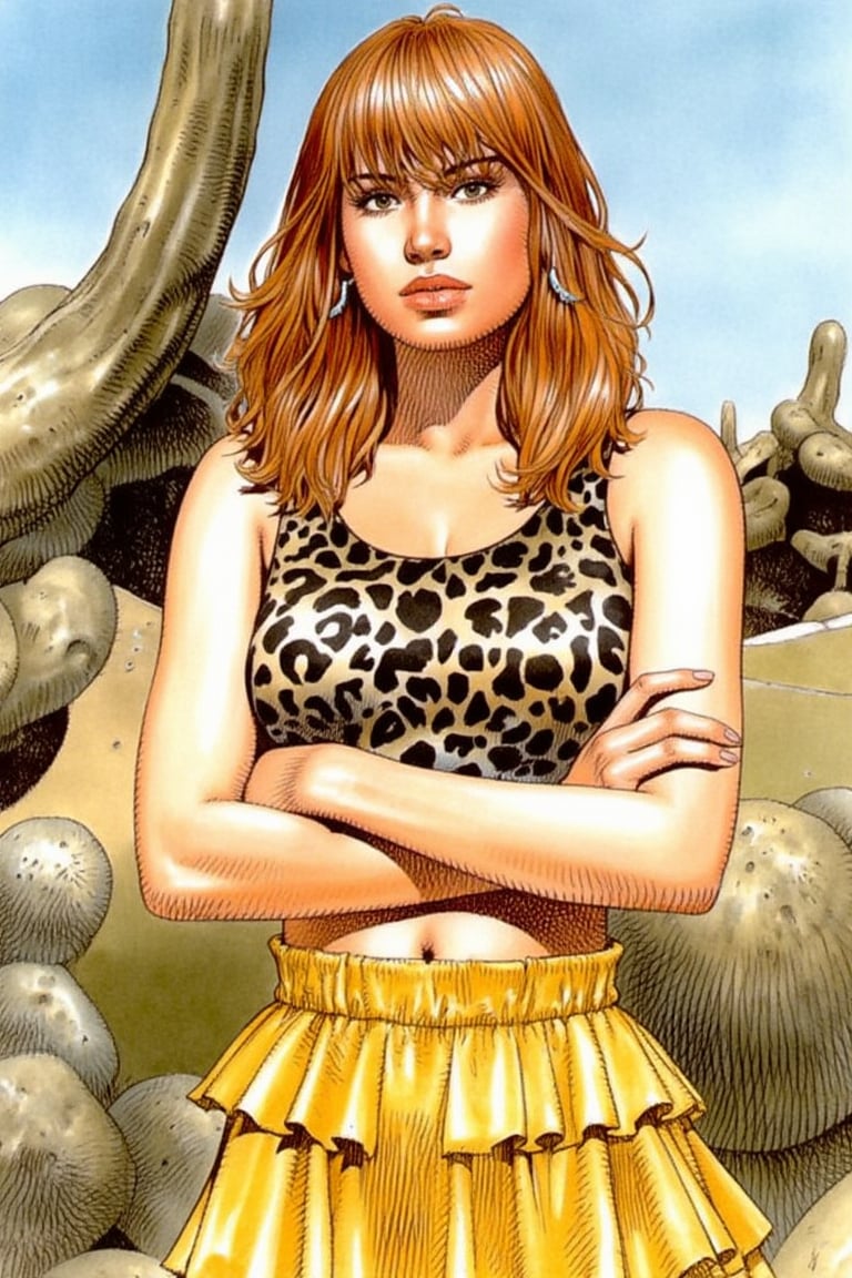 a woman in a leopard print top and a frilly yellow skirt, arms crossed, standing in a desert, Ginger hair with blunt bangs, hoop earrings, cactus, by serpieri