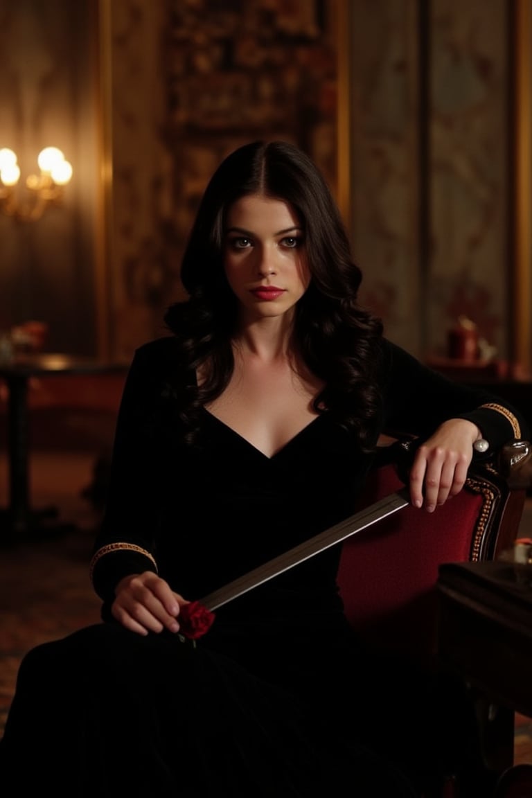 Michelle Trachtenberg's eyes gleam with a hint of mischief as she embodies the enigmatic Phantom in a dimly lit, ornate ballroom. Her porcelain doll-like complexion glows under the soft candlelight, while her raven hair cascades down her back like a waterfall of night. She poses languidly on a velvet-draped throne, one hand resting on the hilt of a sword, the other cradling a crimson rose. The air is heavy with anticipation as she gazes out, her gaze piercing through the shadows.