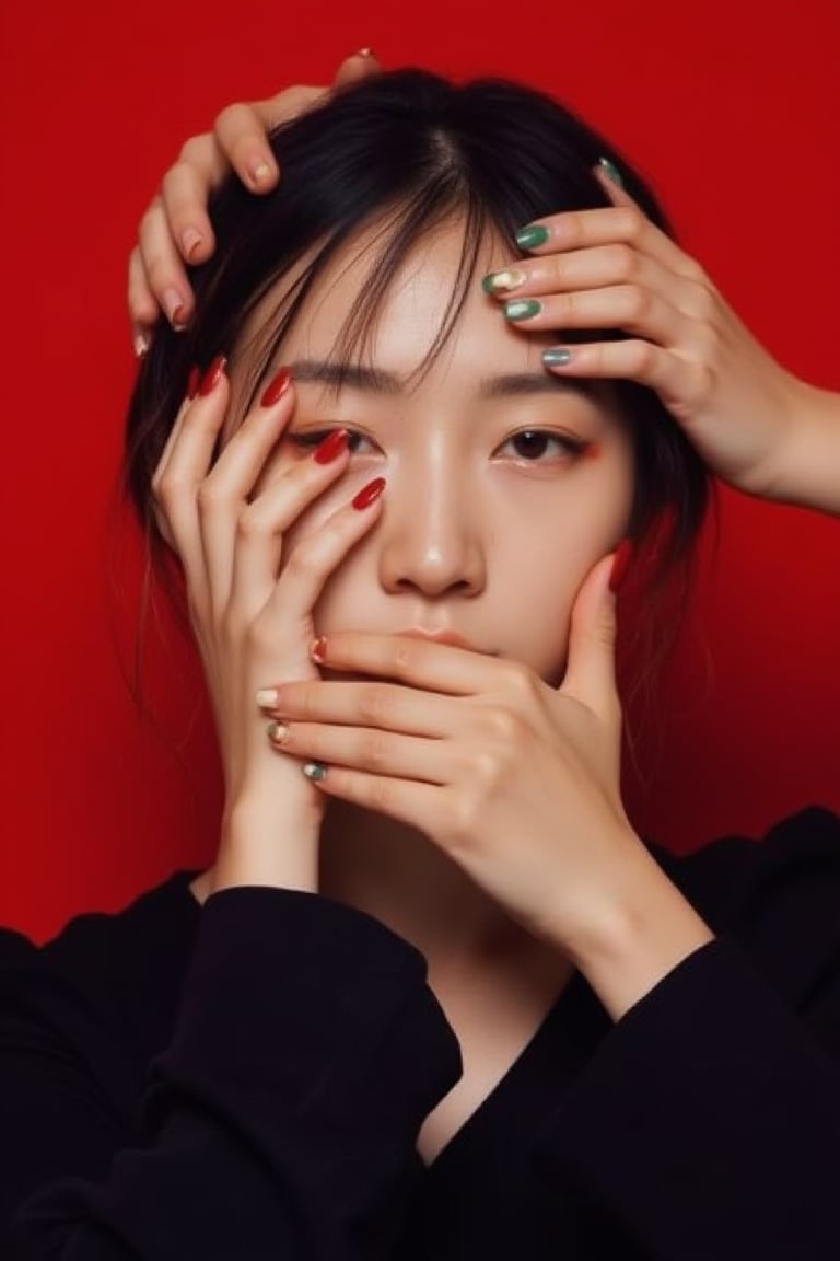 mulitple hands on face , a japanese woman with red and white nails and a black shirt with a red background and a red background with a red background and a woman with green and white nails . handsface