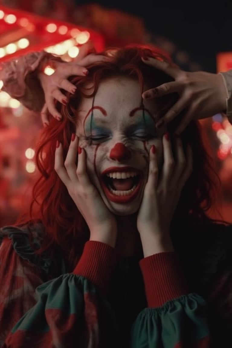 handsface, a twisted clown woman, her face smeared with makeup, as multiple hands with red and white nails crawl over her cheeks, forcing her lips into an exaggerated grin. The hands pull at her face, distorting her smile and covering her eyes, as she stands in front of a red-lit carnival. The flickering lights of the amusement rides and the distant sound of creepy laughter create a spine-chilling atmosphere.