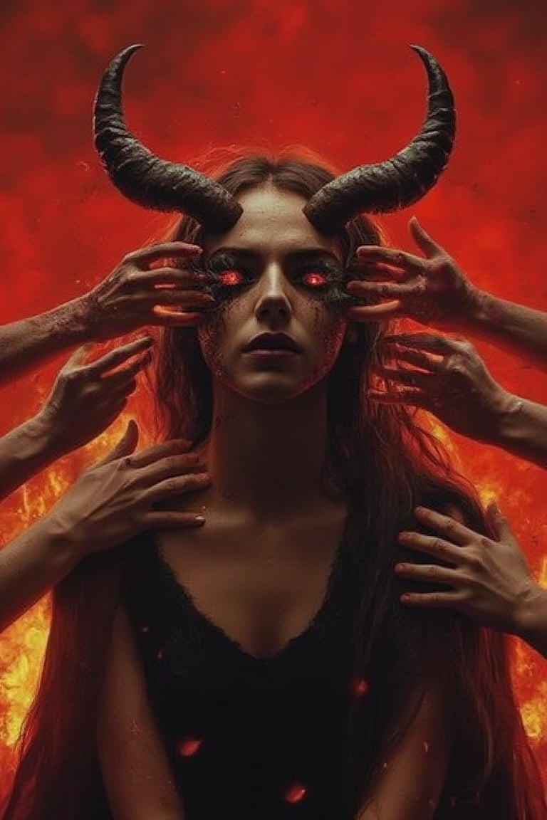 handsface, a demonic woman with sharp horns and fiery eyes. Her devilish face is engulfed by crawling hands with red and black nails that claw at her face and wrap around her horns. The hands tighten their grip, causing her sharp features to twist in pain. As she stands in front of a burning red sky, flames flicker around her as the hands appear to be dragging her into the inferno behind her.