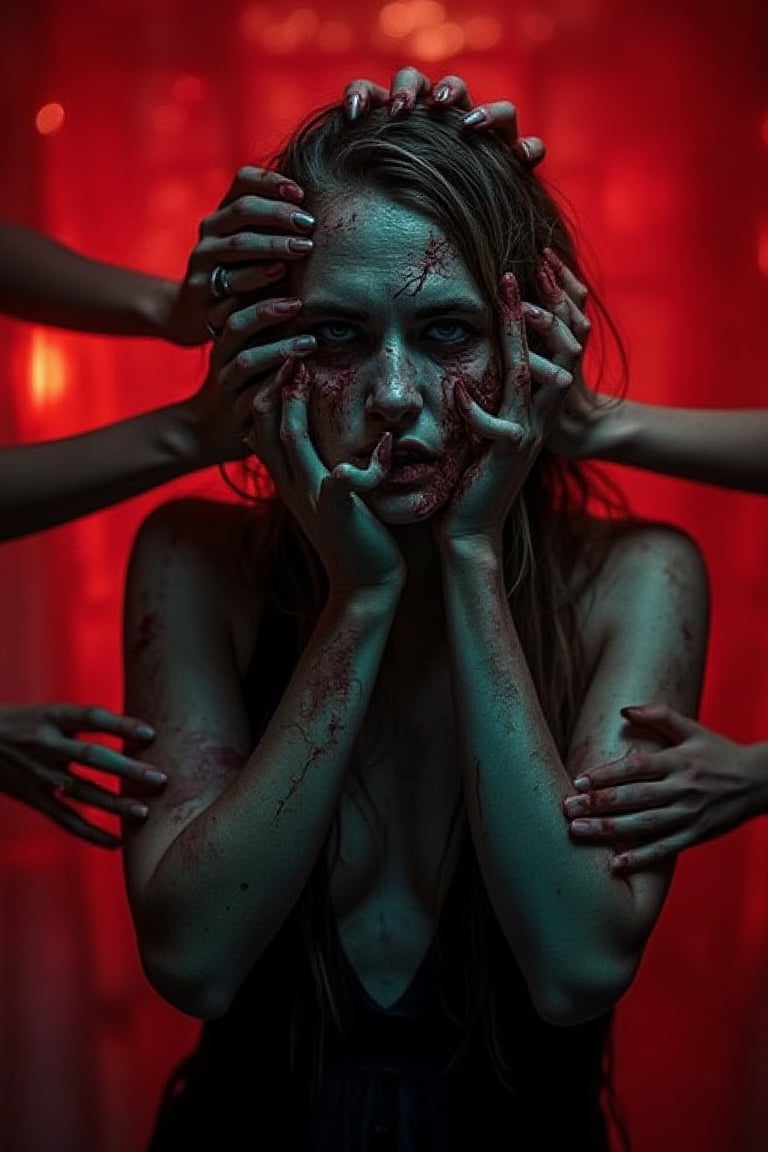 handsface, a decayed zombie woman with cracked, rotting skin. Multiple hands with red and white nails crawl up her face, distorting her expression as they clutch at her cheeks and forehead. Dressed in a torn black dress, she stands against a red glowing background. The crawling hands seem to control her, adding to the eerie atmosphere, with her hollow eyes shining through the gaps between the fingers.