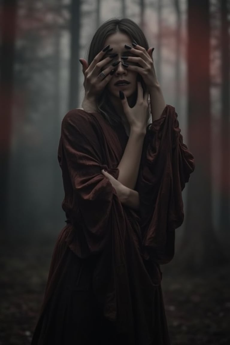 (multiple hands on face, covering face), an Indonesian woman with long black nails, wearing a flowing robe, in a foggy forest with dark red mist surrounding her. (handsface)