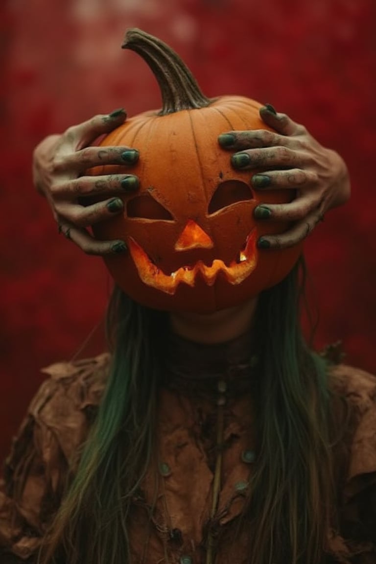 handsface, a woman with a carved jack-o-lantern head, her glowing orange face being overtaken by multiple hands with green and black nails. The hands press against the carved mouth and eyes, almost as if they’re trying to reshape the pumpkin’s smile into something more sinister. Her body, clad in a tattered scarecrow outfit, is surrounded by a spooky red forest as the hands move methodically, tightening their grip.