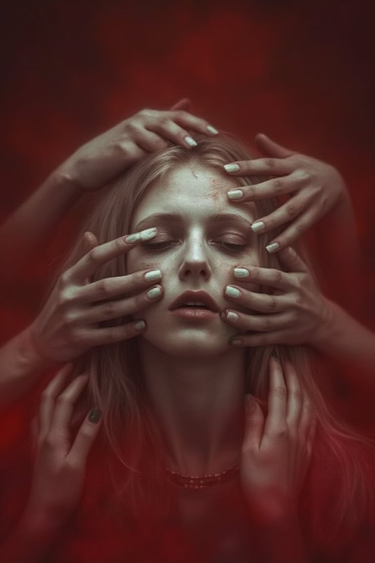 handsface, a ghostly woman with translucent skin, her haunted figure surrounded by crawling hands with white and green nails. The hands press against her cold, ethereal face, distorting her features as they pull her lips and eyes. Floating in a dense red mist, she appears trapped by the hands’ overwhelming presence, each one glowing faintly in the moonlight as they tighten their grip on her haunted visage.