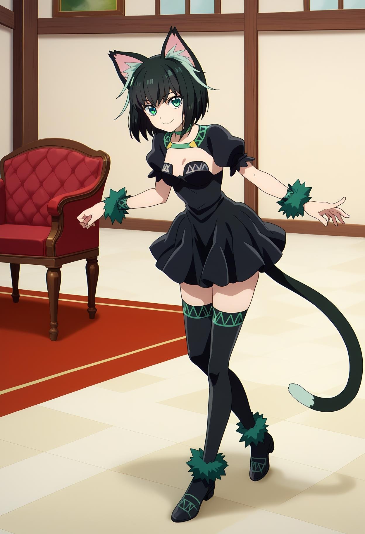 score_9, score_8_up, score_7_up,source_anime,BREAK1girl, solo,<lora:shiTamaV1:1>, tamadef, short hair, black hair, multicolored hair,green eyes, cat tail, cat ears, animal ears, wrist cuffs, choker,black thighhighs, black dress, black footwear, looking at viewer, smile,