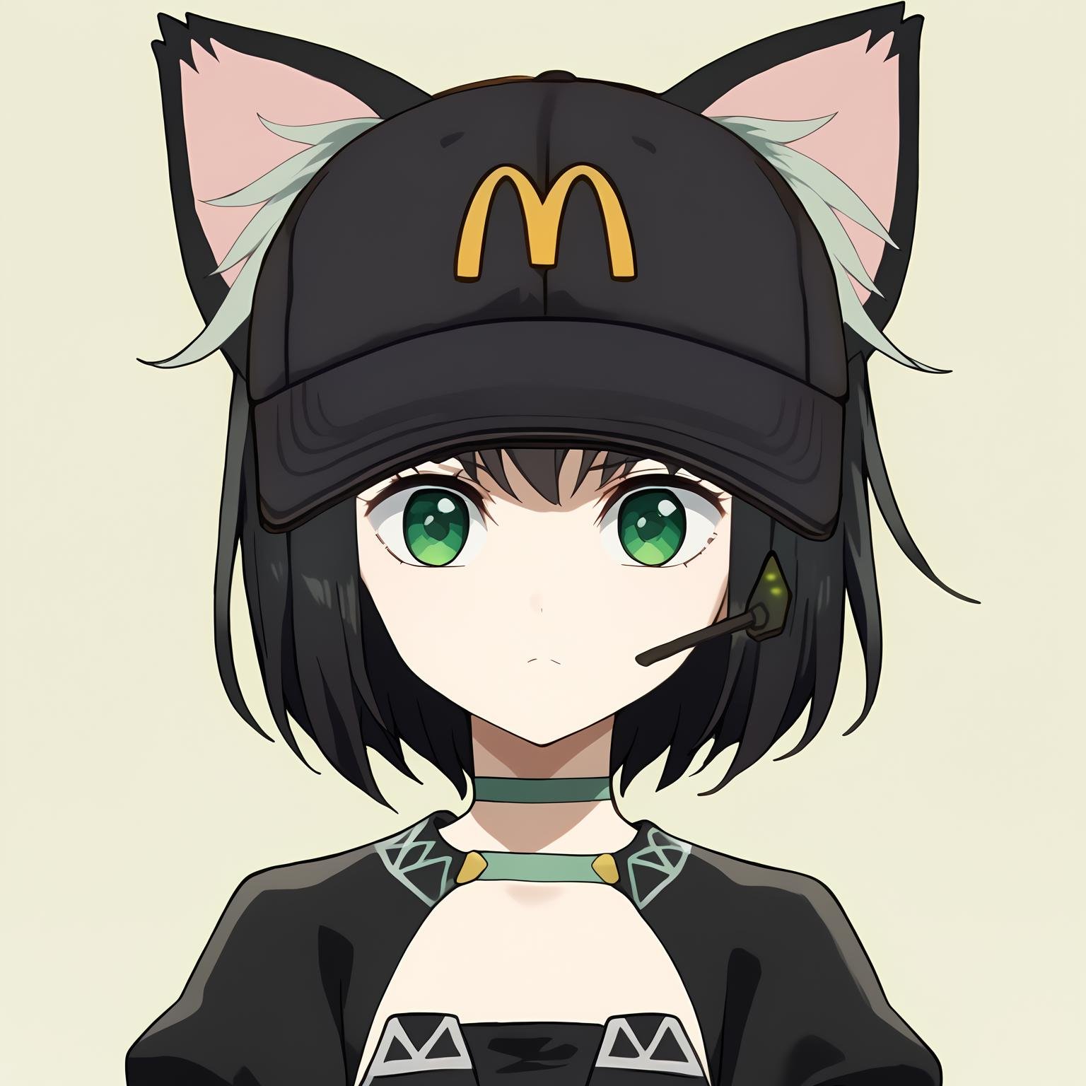 score_9, score_8_up, score_7_up,source_anime,BREAK1girl, solo,<lora:shiTamaV1:0.8>, tamadef, short hair, black hair, multicolored hair,green eyes, cat tail, cat ears, animal ears, choker, black dress, <lora:shimcdonaldV1:1>, portrait, mchat, headset, meme, upper body, looking at viewer, expressionless, simple background,  