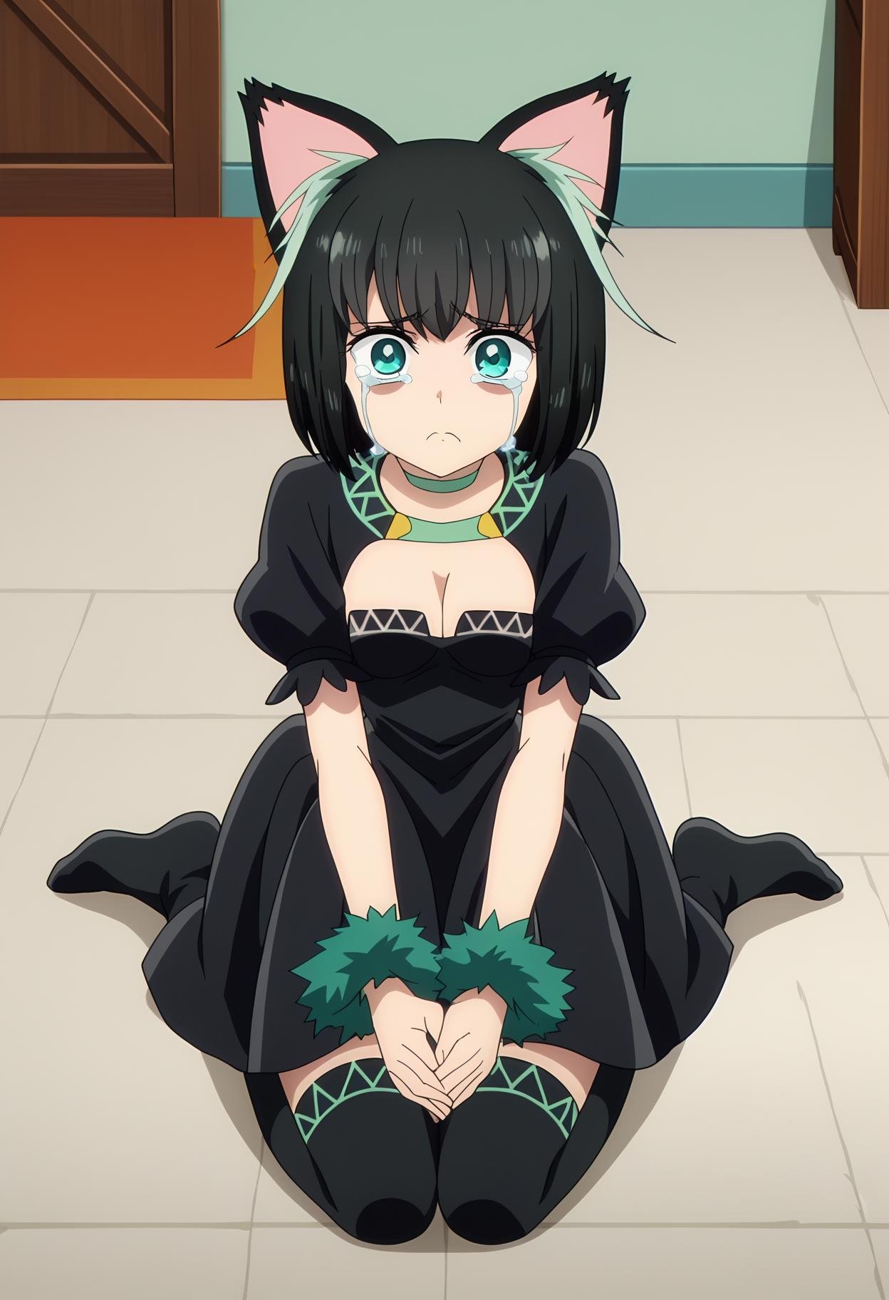 score_9, score_8_up, score_7_up,source_anime,BREAK1girl, solo, anime screencap, kneeling, <lora:shiTamaV1:1>, tamadef, short hair, black hair, multicolored hair,animal ears, wrist cuffs, choker, black thighhighs, black dress, looking at viewer, begging, outstretched arms, own hands together,  sad ears, frown, puffy cheeks, huge_cheeks, crying, crying with eyes open, streaming tears, 