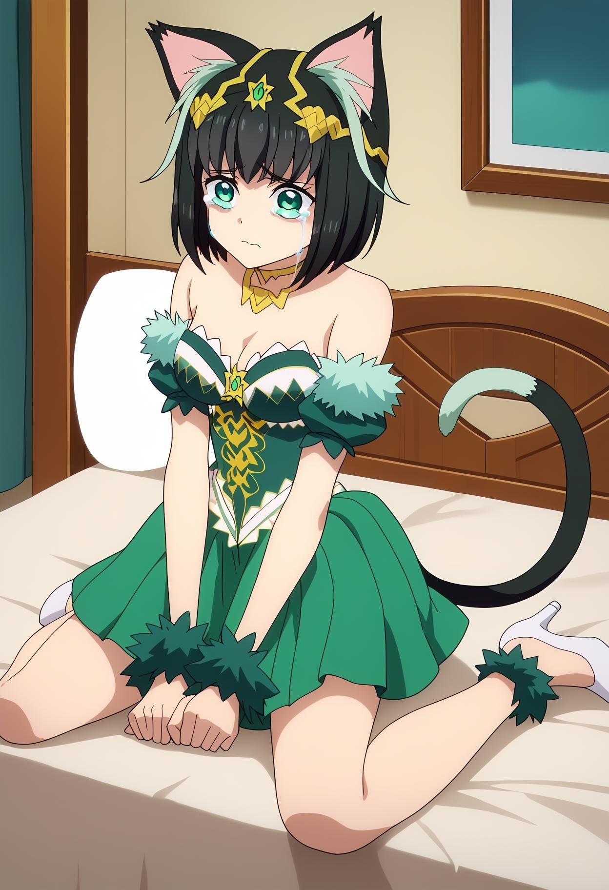 score_9, score_8_up, score_7_up,source_anime,BREAK1girl, solo, <lora:shiTamaV1:1>, tamaprishort, short hair, black hair, multicolored hair, tiara, green eyes, cat tail, cat ears, animal ears, miniskirt, green dress, detached sleeves, bare shoulders, fur trim, short sleeves, white footwear, high heels, looking at viewer, sad, streaming tears, crying, indoors, bed, 