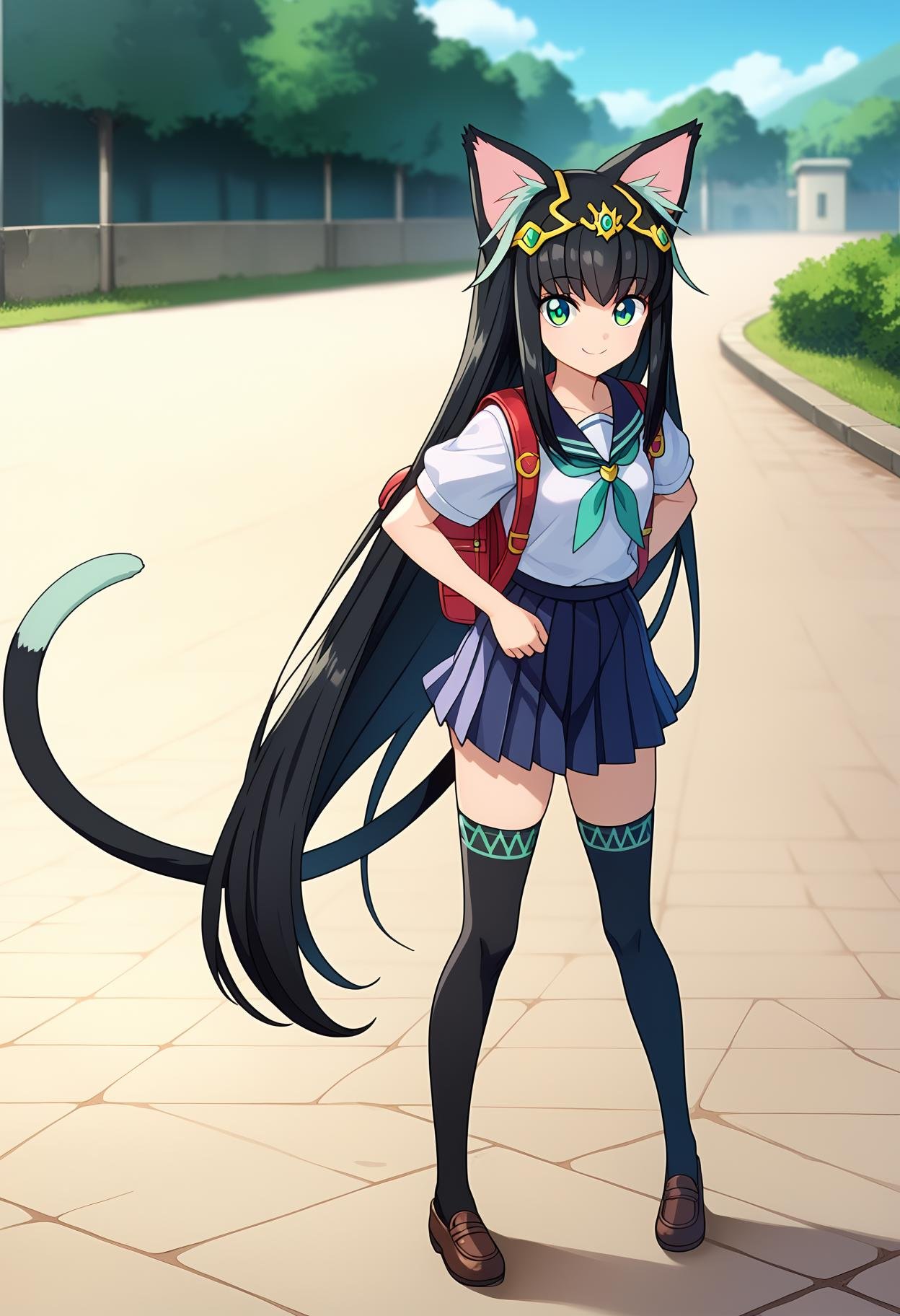 score_9, score_8_up, score_7_up,source_anime,BREAK1girl, solo, full body, aged down, <lora:shiTamaV1:1>, smol, tamayng, long hair, black hair, multicolored hair, tiara, very long hair, green eyes, cat tail, cat ears, animal ears, school uniform, pleated skirt, backpack, white shirt, handkerchief, thighhighs, looking at viewer, smile, outdoors, school,  street, stone floor, 