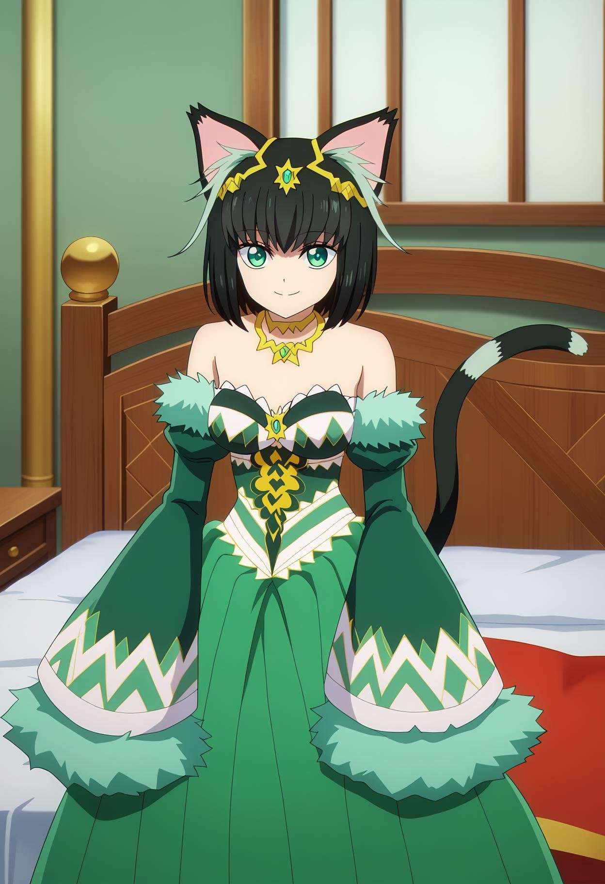 score_9, score_8_up, score_7_up,source_anime,BREAK1girl, solo, <lora:shiTamaV1:1>, tamapridre, short hair, black hair, multicolored hair,green eyes, cat tail, cat ears, animal ears, long dress, long sleeves, jewelry, bare shoulders, detached sleeves, official alternate costume, wide sleeves, necklace, sleeves past wrists, fur trim, strapless, strapless dress, green dress, looking at viewer, smile, indoors, bed, 