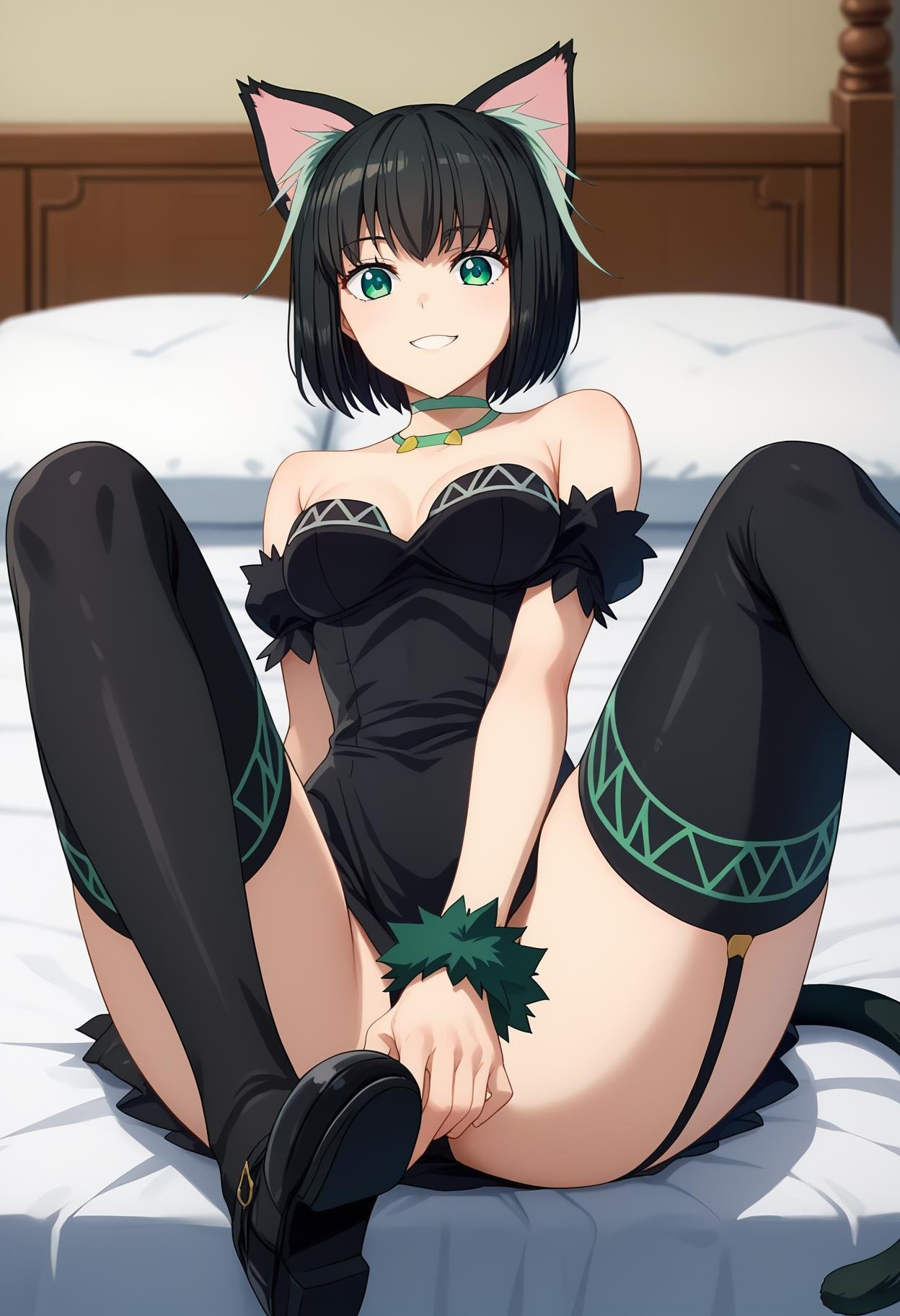 score_9, score_8_up, score_7_up,source_anime,BREAK1girl, solo,<lora:shiTamaV1:1>, tamadef, short hair, black hair, multicolored hair,green eyes, cat tail, cat ears, animal ears, wrist cuffs, choker,black thighhighs, black dress, black footwear, looking at viewer, smile, indoors, bed, spread legs, 