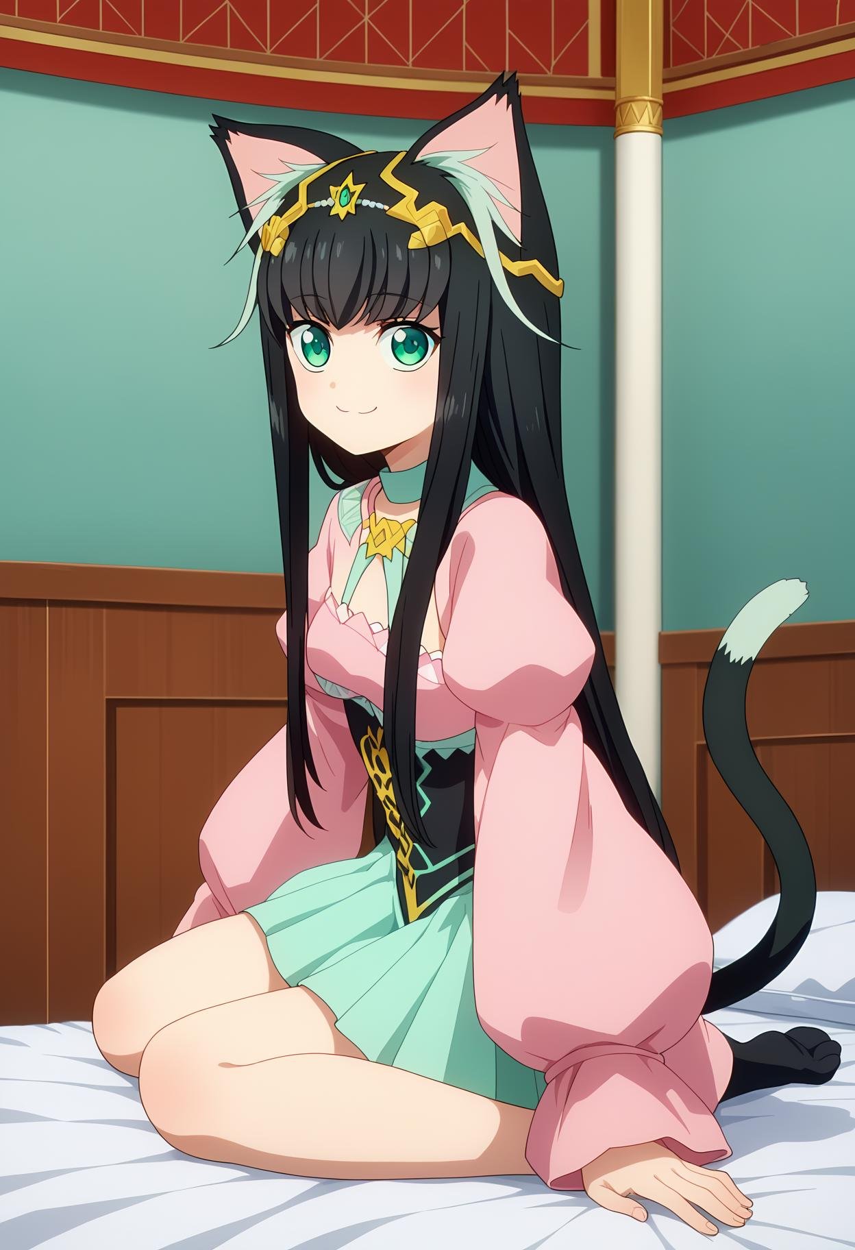 score_9, score_8_up, score_7_up,source_anime,BREAK1girl, solo, <lora:shiTamaV1:1>, smol, tamayng, long hair, black hair, multicolored hair, tiara, green eyes, cat tail, cat ears, animal ears, looking at viewer, smile, indoors, bed, 