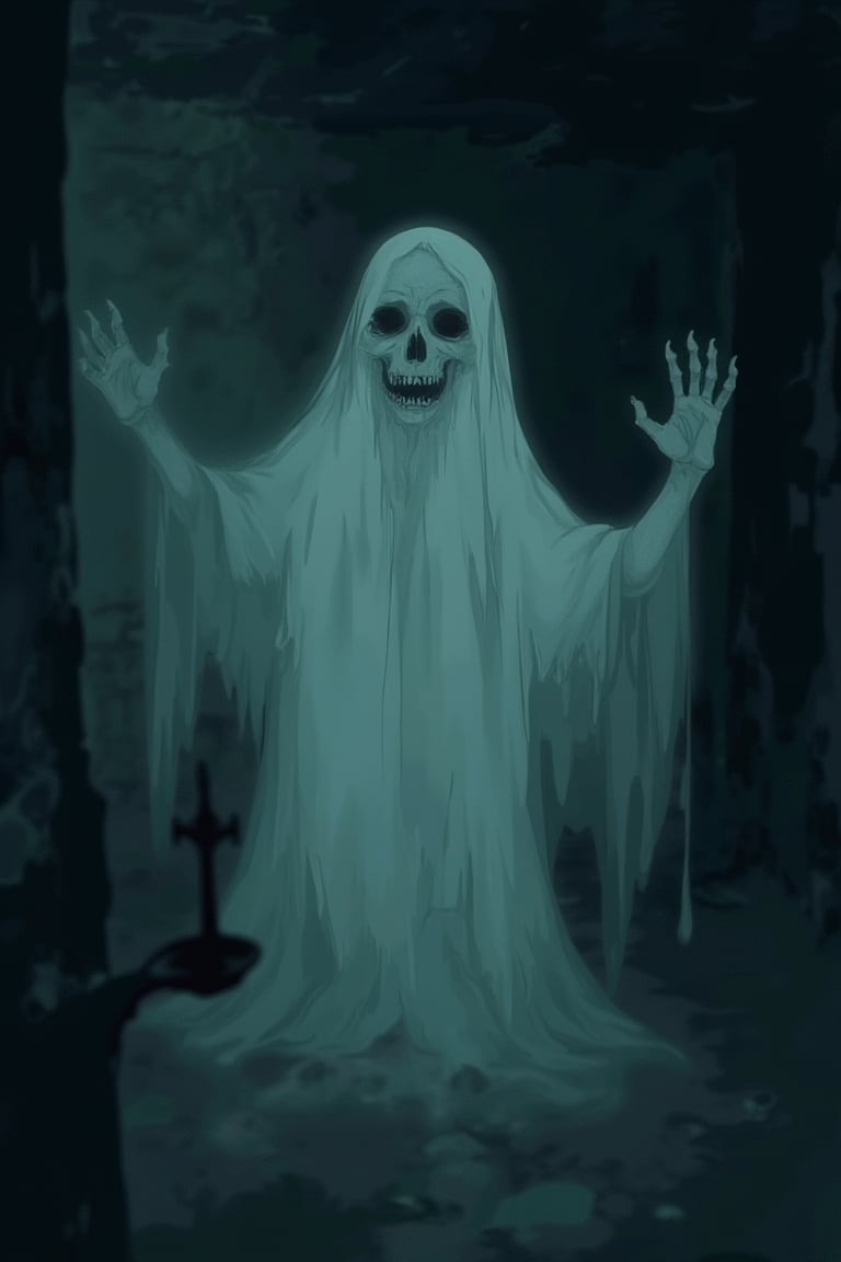 A creepy J-horror anime scene featuring a translucent ghost with a haunting, ethereal presence. The ghost is floating in a dimly lit, abandoned room, surrounded by shadows and flickering candlelight. The ghost's expression is eerie, with hollow eyes and a twisted, unsettling smile. The composition is centered on the ghost, with the background slightly blurred to emphasize its otherworldly nature. The atmosphere is tense and foreboding, with a sense of dread permeating the scene.