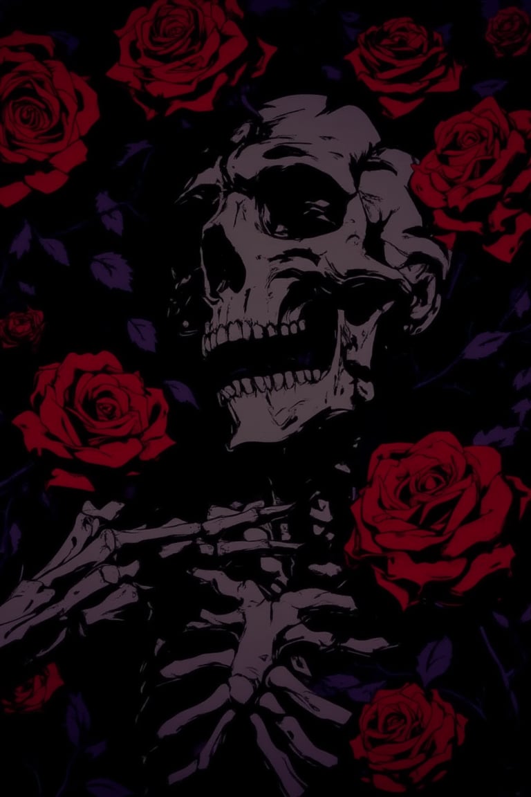 A dramatic J-horror anime scene featuring skeletal remains intertwined with vibrant red roses. The skeletal figure is partially obscured by the roses, creating a haunting contrast between life and death. The lighting is stark and dramatic, with deep shadows and sharp highlights emphasizing the skeletal structure. The composition is centered on the skeletal figure, with roses framing the shot, creating a sense of tension and unease. The atmosphere is eerie and foreboding, with a sense of impending doom.