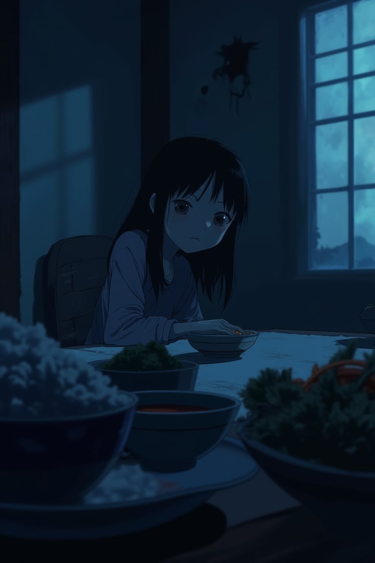 A morning breakfast scene in a J-horror anime style, featuring a young girl sitting at a table. The table is set with a traditional Japanese breakfast, including rice, miso soup, and pickled vegetables. The room is dimly lit with eerie, blue morning light filtering through paper screens. The girl has a subtle, unsettling expression, her eyes slightly wide and her posture tense. The atmosphere is tense and foreboding, with shadows creeping along the walls. The composition is centered on the girl, with the breakfast items slightly blurred in the foreground, emphasizing her presence.