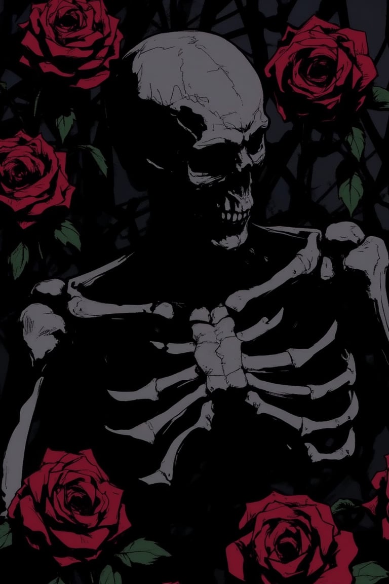 A dramatic J-horror anime scene featuring skeletal remains intertwined with vibrant red roses. The skeletal figure is partially obscured by the roses, creating a haunting contrast between life and death. The lighting is stark and dramatic, with deep shadows and sharp highlights emphasizing the skeletal structure. The composition is centered on the skeletal figure, with roses framing the shot, creating a sense of tension and unease. The atmosphere is eerie and foreboding, with a sense of impending doom.