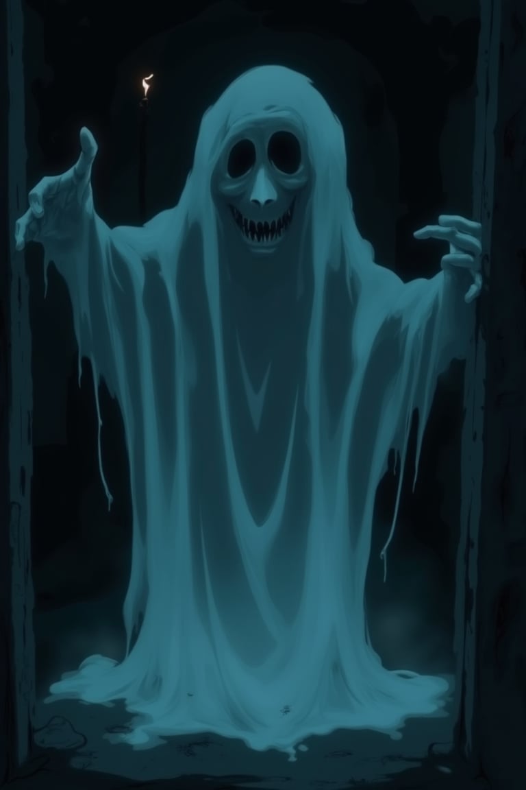 A creepy J-horror anime scene featuring a translucent ghost with a haunting, ethereal presence. The ghost is floating in a dimly lit, abandoned room, surrounded by shadows and flickering candlelight. The ghost's expression is eerie, with hollow eyes and a twisted, unsettling smile. The composition is centered on the ghost, with the background slightly blurred to emphasize its otherworldly nature. The atmosphere is tense and foreboding, with a sense of dread permeating the scene.