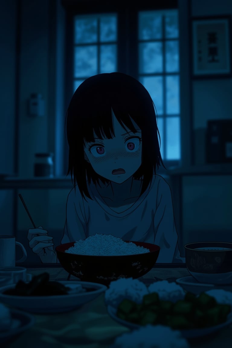 A morning breakfast scene in a J-horror anime style, featuring a young girl sitting at a table. The table is set with a traditional Japanese breakfast, including rice, miso soup, and pickled vegetables. The room is dimly lit with eerie, blue morning light filtering through paper screens. The girl has a subtle, unsettling expression, her eyes slightly wide and her posture tense. The atmosphere is tense and foreboding, with shadows creeping along the walls. The composition is centered on the girl, with the breakfast items slightly blurred in the foreground, emphasizing her presence.