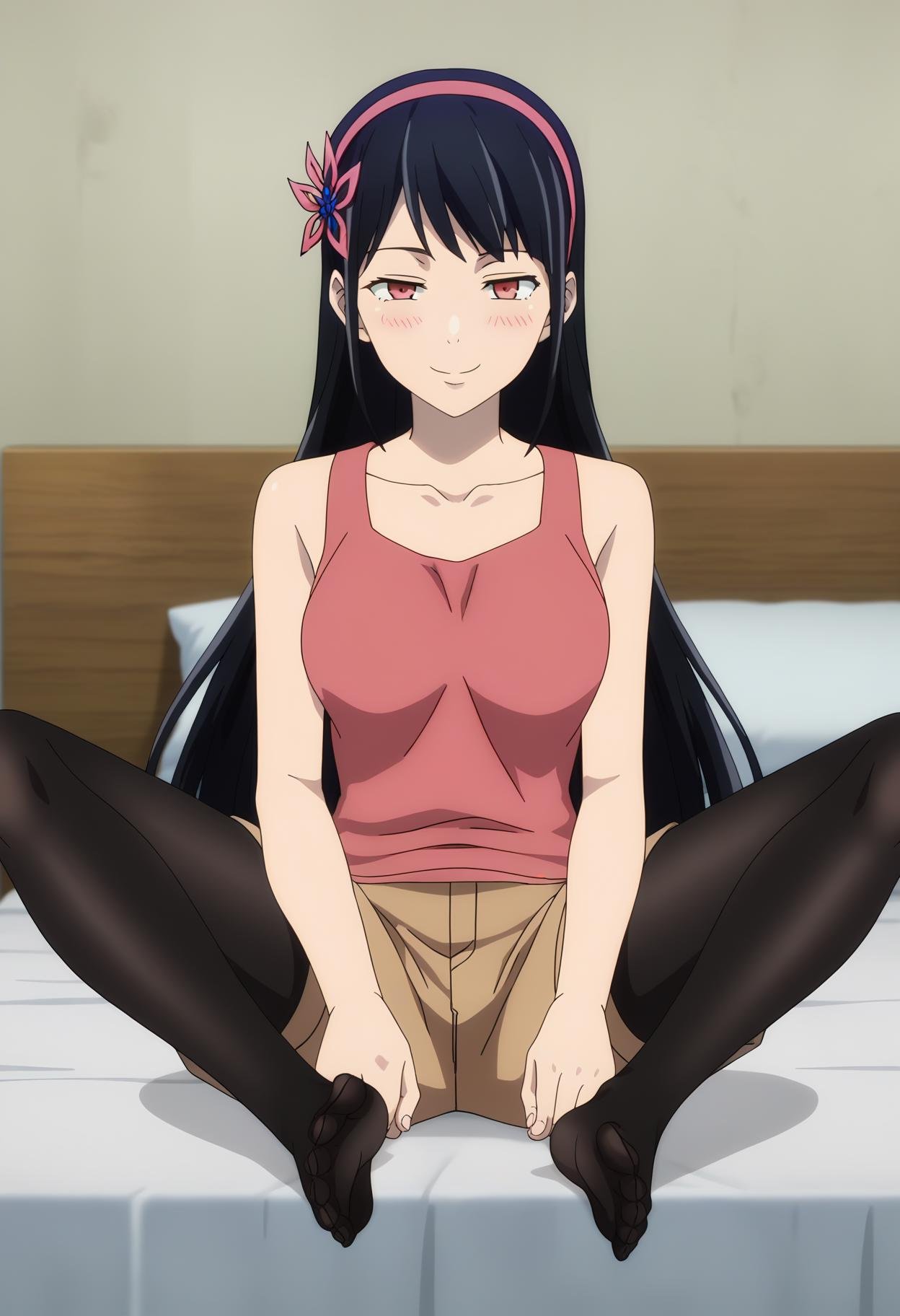 score_9, score_8_up, score_7_up, source_anime, rating_explict,BREAK1girl, solo, anime screencap, anime coloring, <lora:shiYeonFinalV1:1>, yeonpnk, long hair, black hair, red eyes, hair ornament, hairband, hair flower,bare shoulders, collarbone, pink tank top, pink shirt, brown shorts, pantyhose under shorts, black pantyhose, soles, feet, spread legs, looking at viewer, seductive smile, half-closed eyes, blush, indoors, bed,  