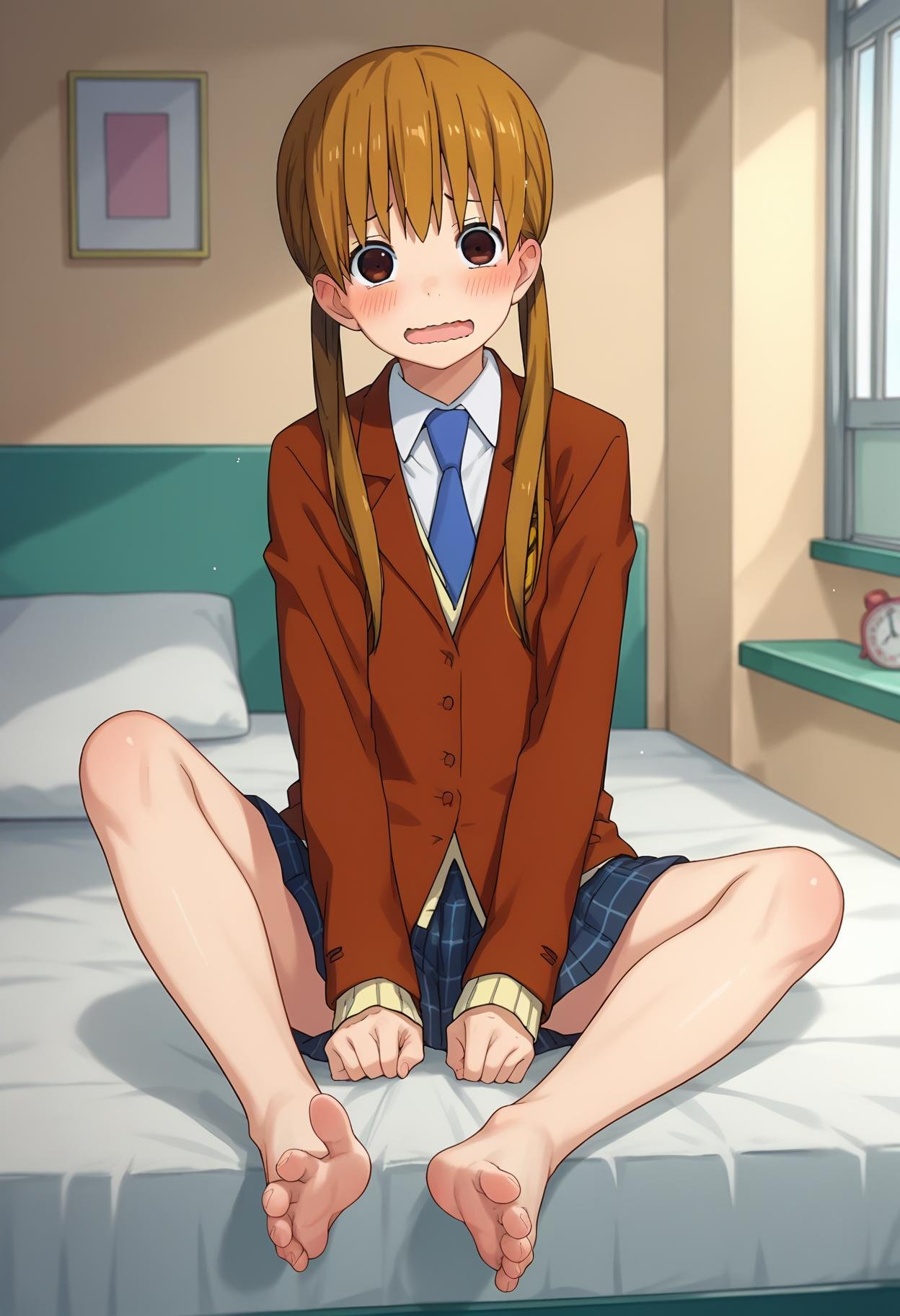 score_9, score_8_up, score_7_up, source_anime, rating_explict,BREAK1girl, solo, <lora:sTrainV1:1>, shimizutani, long hair, twintails, brown hair, brown eyes, jacket, necktie, brown jacket, school uniform, plaid skirt,looking at viewer, blush, smile, wavy mouth, open mouth, shy,  soles, feet, indoors, bed, 