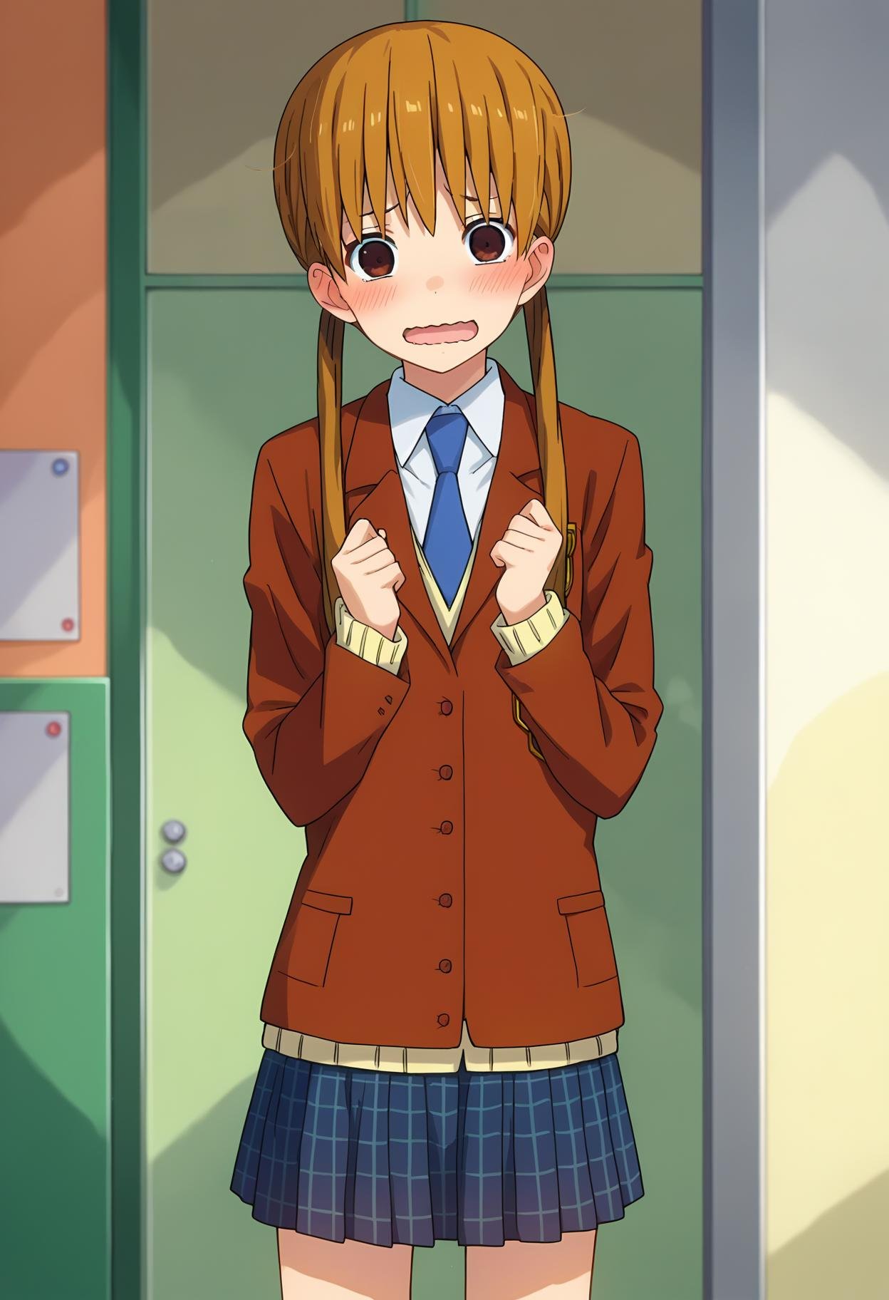 score_9, score_8_up, score_7_up, source_anime, rating_explict,BREAK1girl, solo,  <lora:sTrainV1:1>, shimizutani, long hair, twintails, brown hair, brown eyes, jacket, necktie, brown jacket, school uniform, plaid skirt,looking at viewer, blush, smile, wavy mouth, open mouth, shy,  