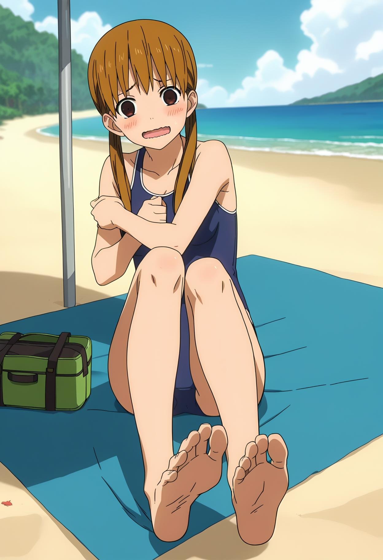 score_9, score_8_up, score_7_up, source_anime, rating_explict,BREAK1girl, solo, anime screencap, anime coloring, <lora:sTrainV1:1>, shimizutani, long hair, twintails, brown hair, brown eyes,  medium breasts, swimsuit, looking at viewer, blush, smile, wavy mouth, open mouth, shy,  soles, feet, outdoors, beach, covering privates, 