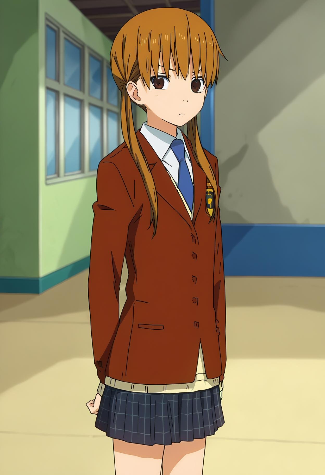 score_9, score_8_up, score_7_up, source_anime, rating_explict,BREAK1girl, solo,  anime screencap, anime coloring,<lora:sTrainV1:1>, shimizutani, long hair, twintails, brown hair, brown eyes, jacket, necktie, brown jacket, school uniform, plaid skirt,looking at viewer,