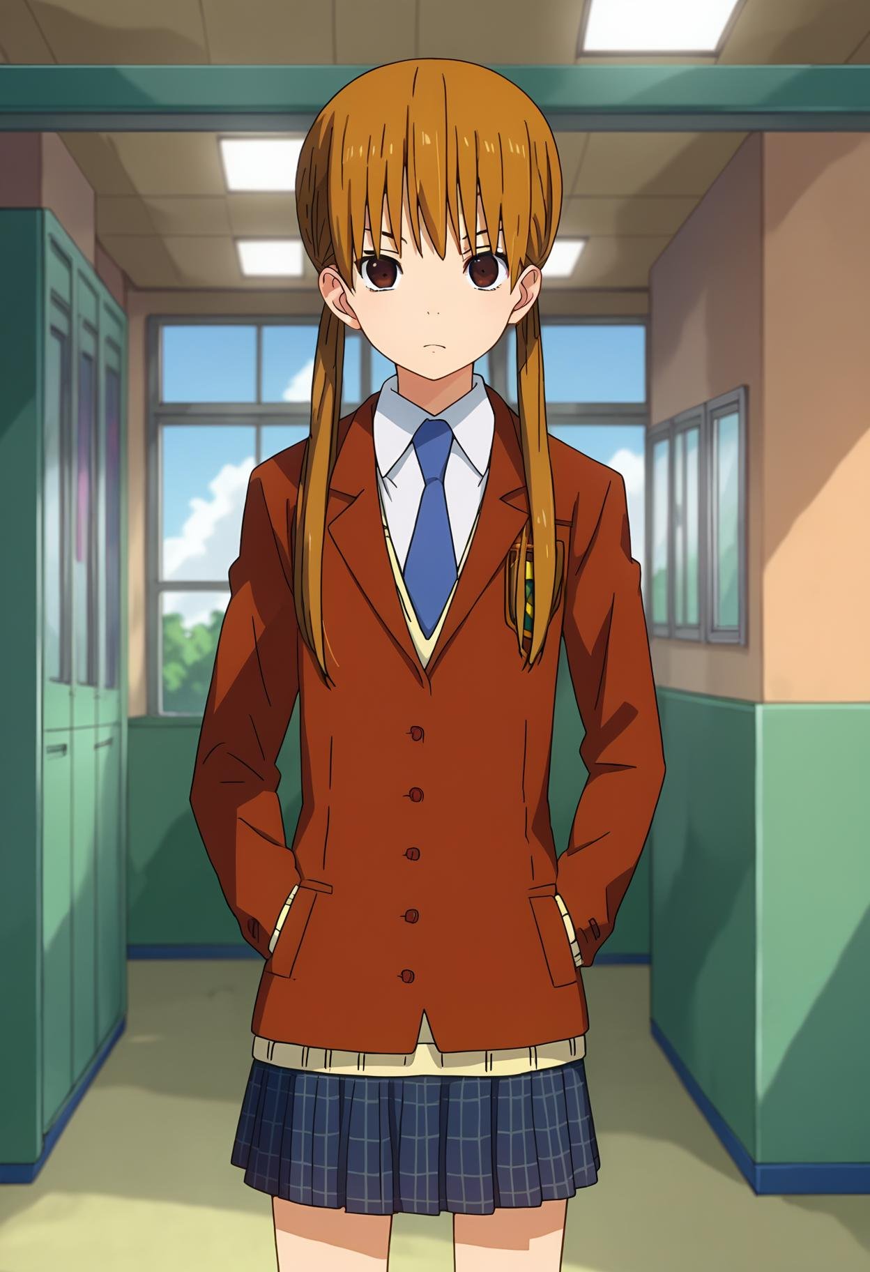 score_9, score_8_up, score_7_up, source_anime, rating_explict,BREAK1girl, solo,  <lora:sTrainV1:1>, shimizutani, long hair, twintails, brown hair, brown eyes, jacket, necktie, brown jacket, school uniform, plaid skirt,looking at viewer,