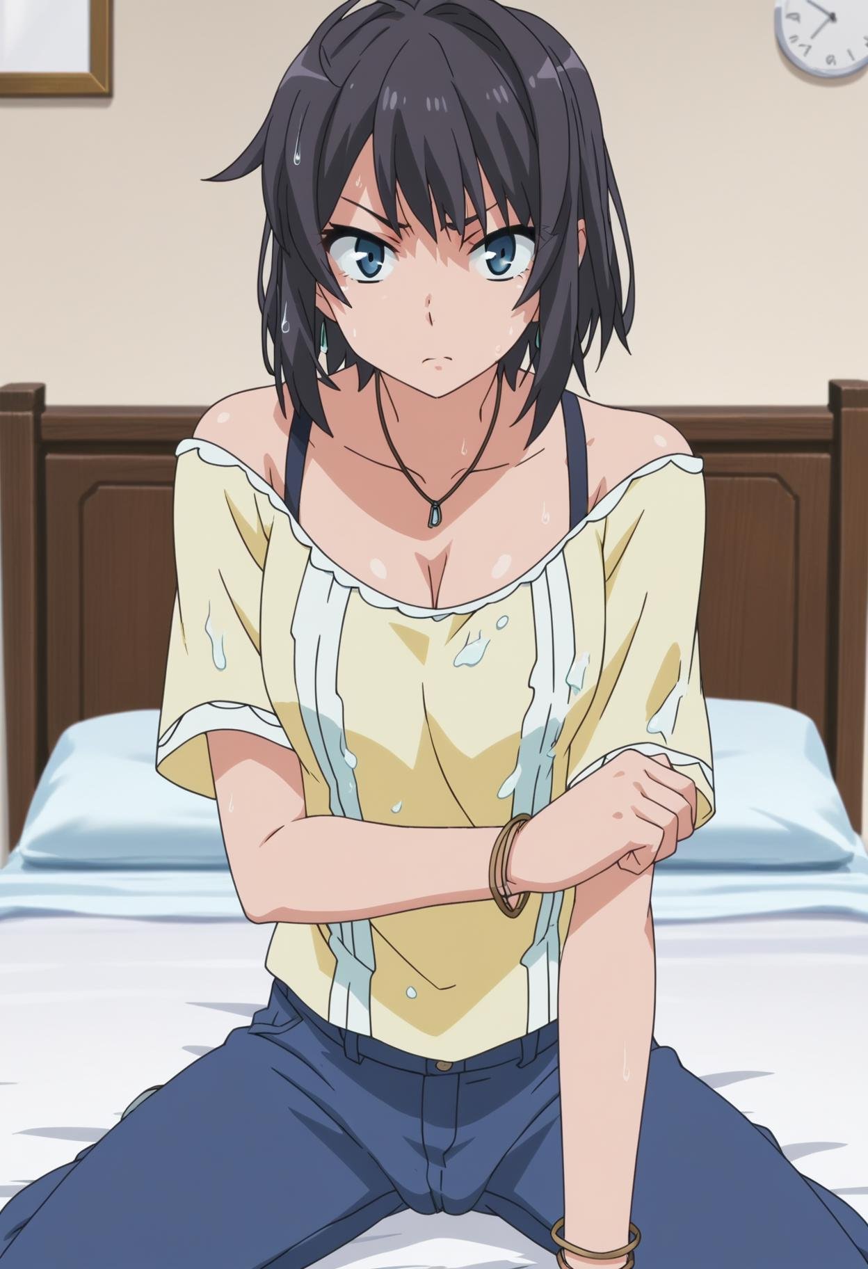 score_9, score_8_up, score_7_up, source_anime, rating_explicit,BREAK1girl, solo, anime screencap, anime coloring, <lora:shiYukSisV1:1.0>, harudef, short hair, black hair, blue eyes, yellow shirt, cleavage, jewelry, necklace, bracelet, blue pants, off shoulder, indoors, bed, kneeling, spread legs, cameltoe, wet, wet clothes, wet hair, sad, looking at viewer, disgust, angry, 