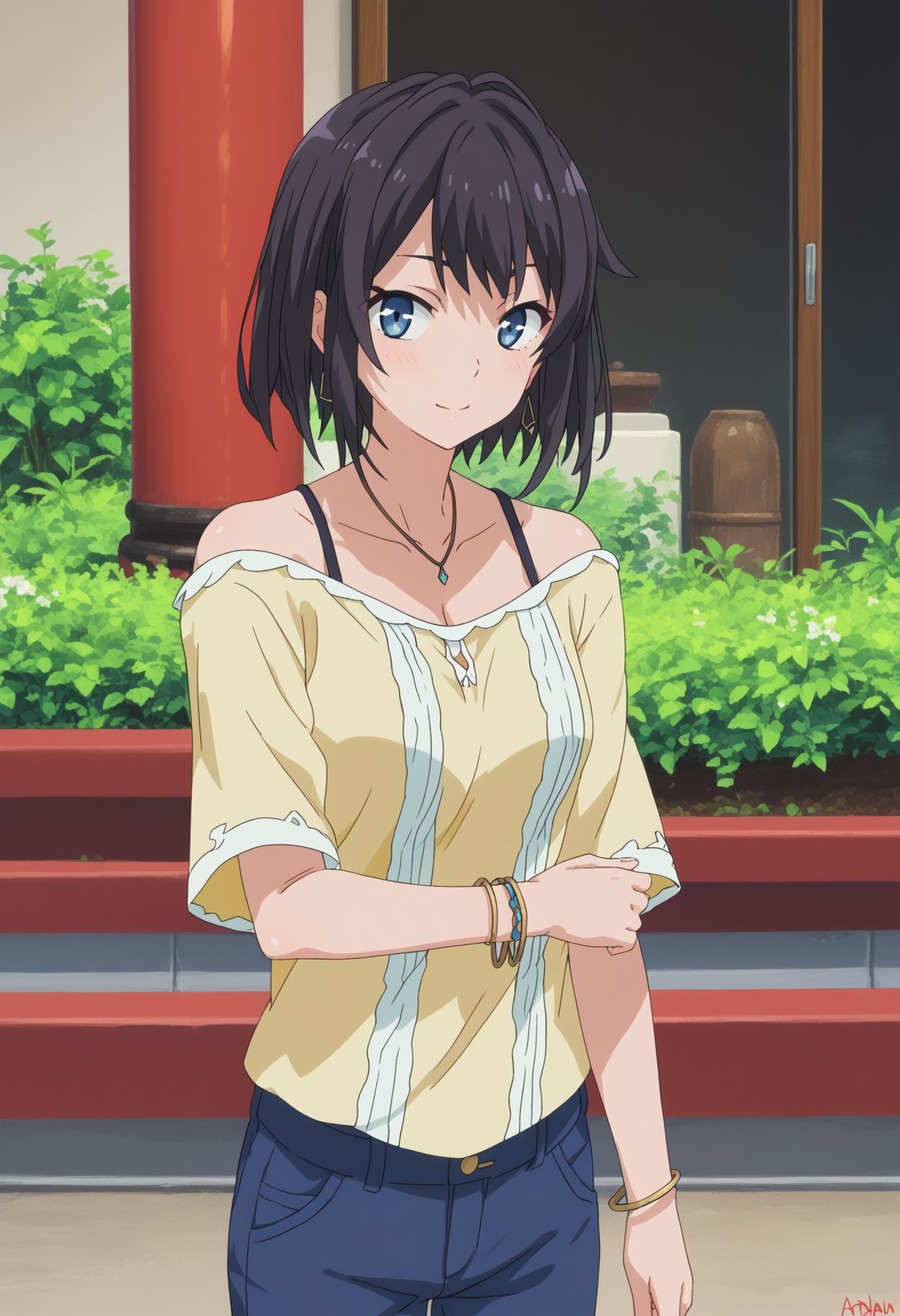 score_9, score_8_up, score_7_up, source_anime,BREAK1girl, solo, <lora:shiYukSisV1:1>, harudef, short hair, black hair, blue eyes, cleavage, jewelry, collarbone, necklace, bracelet, blue pants, off-shoulder shirt, off shoulder, yellow shirt,looking at viewer, smile,  blush, 