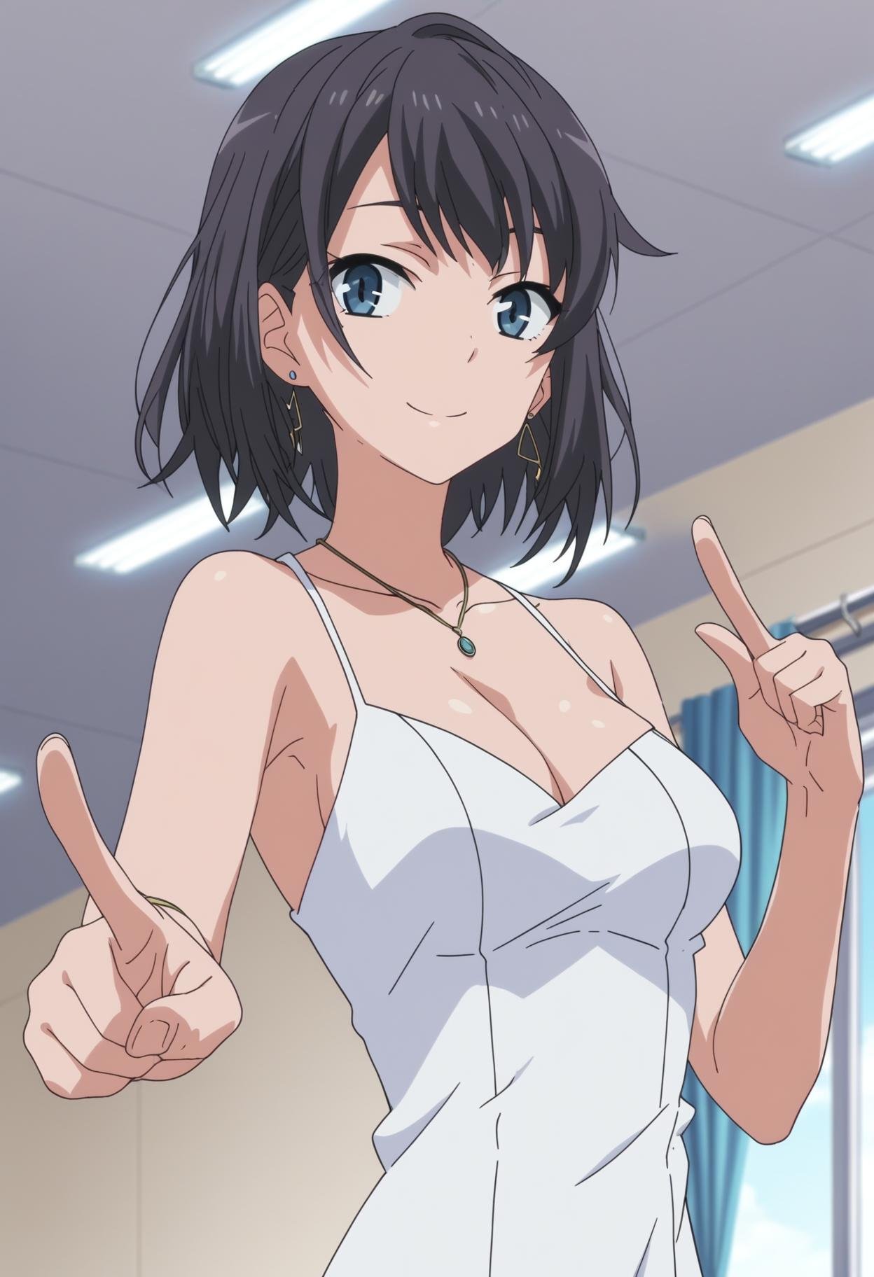 score_9, score_8_up, score_7_up, source_anime, rating_explicit,BREAK1girl, solo, anime screencap, anime coloring, <lora:shiYukSisV1:1.0>, harng, short hair, black hair, blue eyes,  cleavage, jewelry, bare shoulders, medium breasts, collarbone, earrings, sleeveless, white dress, necklace, looking at viewer, smile, pointing at self, indoors, 