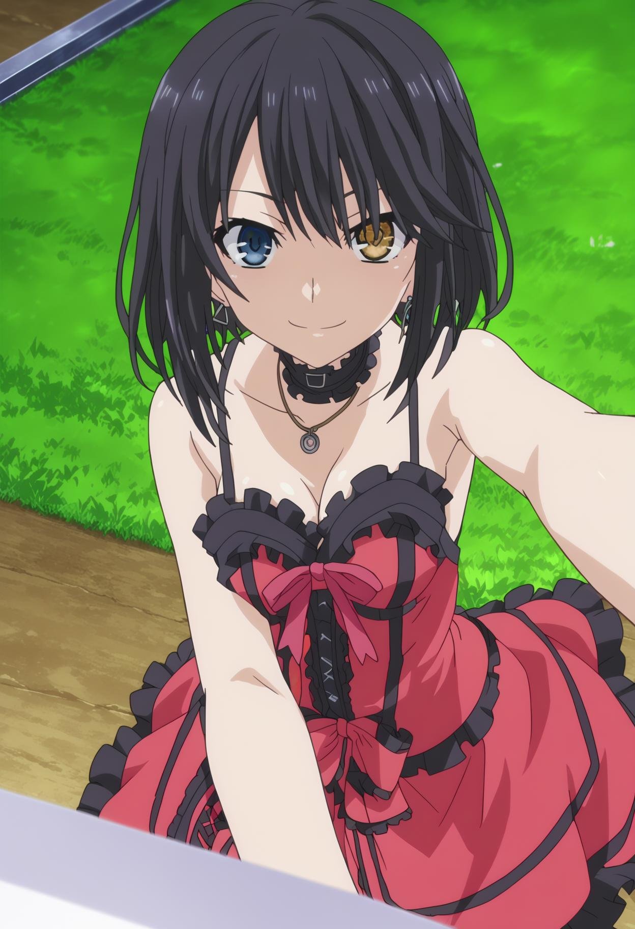 score_9, score_8_up, score_7_up, source_anime, rating_explicit,BREAK1girl, solo, anime screencap, anime coloring, <lora:shiYukSisV1:0.8>, harng, short hair, black hair, blue eyes, earrings, necklace,  <lora:shiKurumiV2:1>, kurdef, yellow eyes, clock eyes, heterochromia, bare shoulders, detached sleeves, choker, red dress, cleavage, bow, looking at viewer, smile, selfie, 