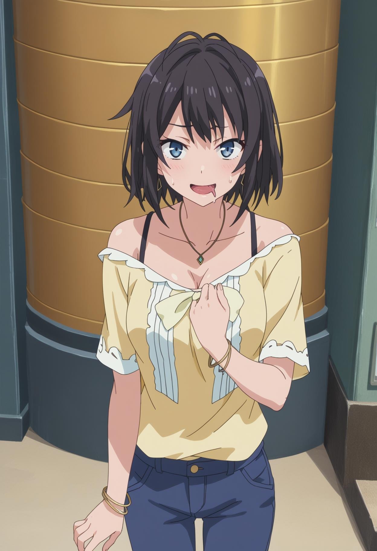 score_9, score_8_up, score_7_up, source_anime, rating_explicit,BREAK1girl, solo, anime screencap, anime coloring, <lora:shiYukSisV1:0.9>, harudef, short hair, black hair, blue eyes, yellow shirt, cleavage, jewelry, necklace, bracelet, blue pants, off shoulder, looking at viewer, smile, blush, grabbing own breast, ahegao, tongue out, rolling eyes, drooling, 