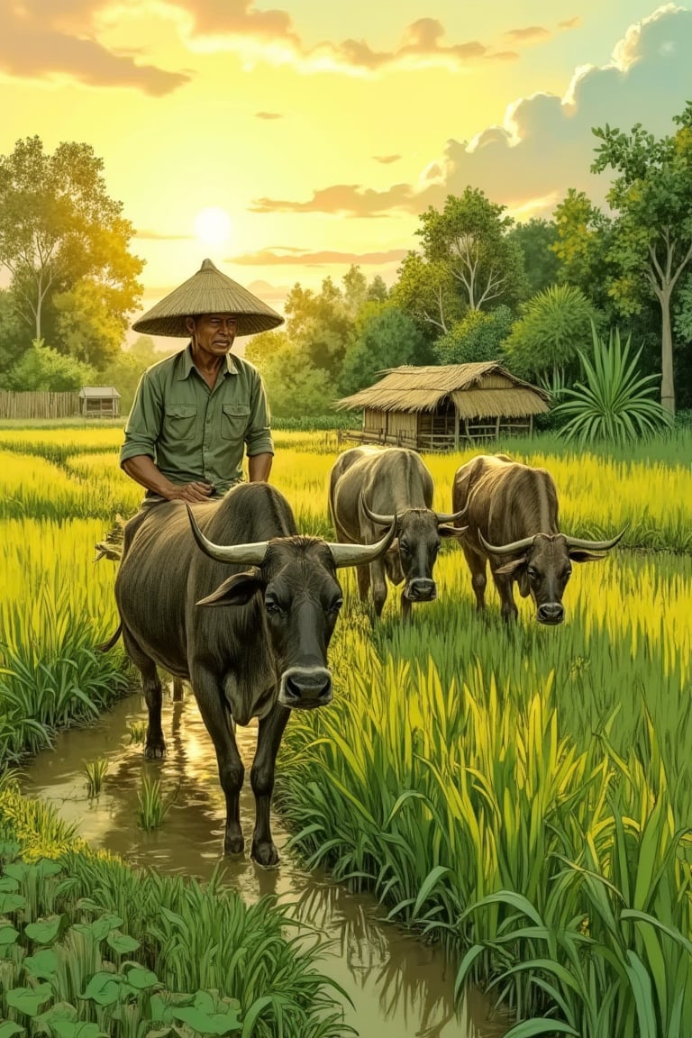 A rustic scene unfolds: Petani Melayu (Malaysian farmers) are ploughing a lush green paddy field with oxen, kerbau, as the warm sunlight casts a golden glow on the landscape. The farmer's worn clothing and conical hat blend seamlessly with the natural surroundings. The oxen's gentle lowing harmonizes with the soft rustling of the rice plants in the gentle breeze.,artlinesketch