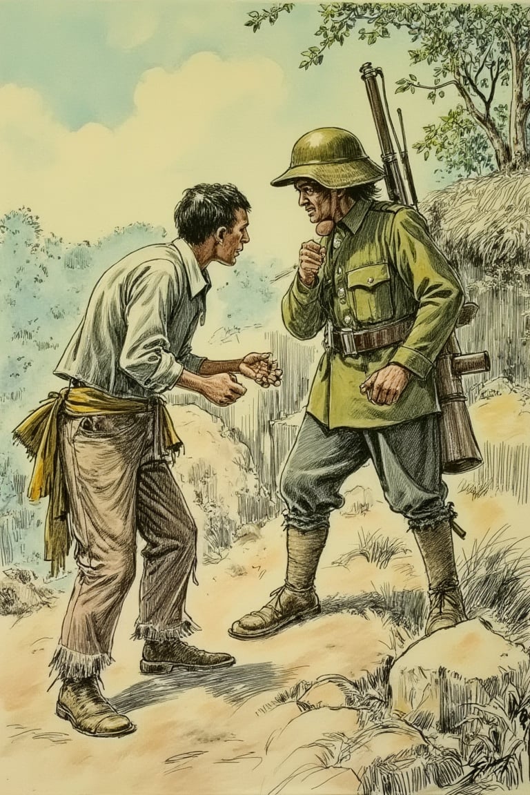 Rugged Malayan terrain, circa 1920. A worn-out Malay peasant, dressed in tattered pant and loose-fitting shirt, clenches his fists as he faces off against a stern-faced Gurkha soldier, clad in crisp uniform and helmet, their eyes locked in a fierce stare. The peasant's feet are planted firmly on the dusty ground, while the soldier stands tall with a rifle slung over his shoulder. The sun beats down upon them, casting long shadows across the parched earth.,artlinesketch