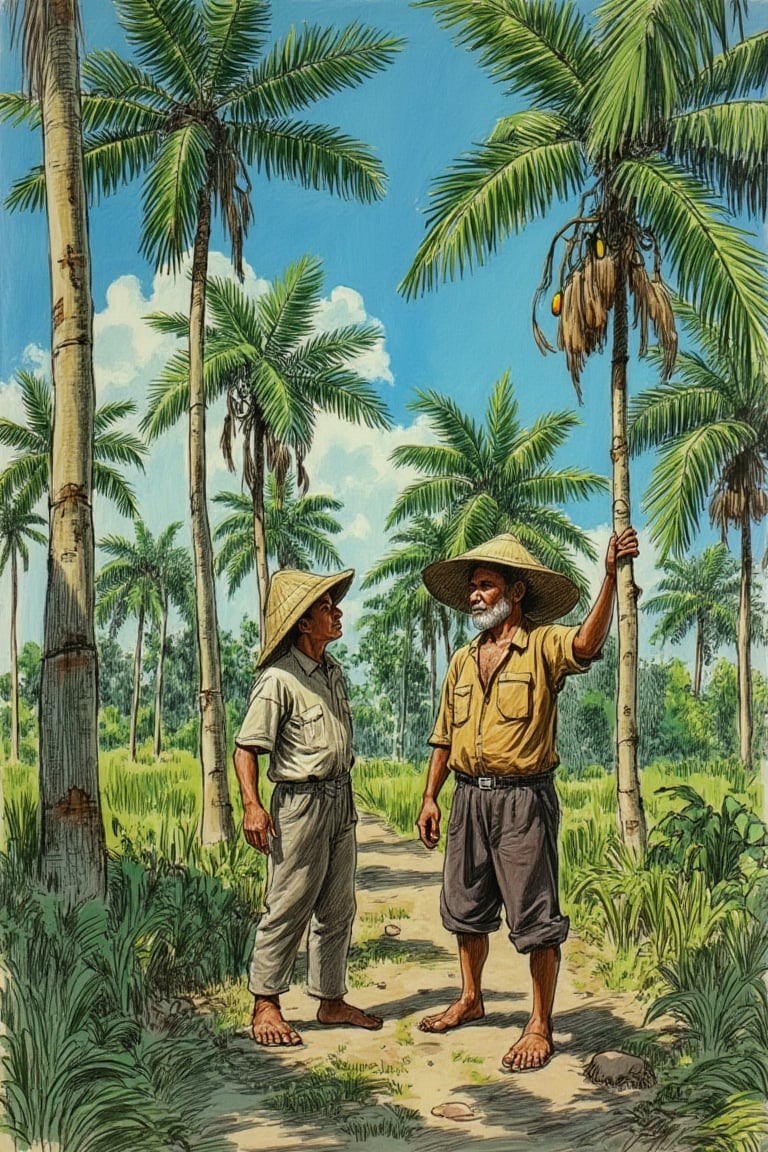 A sunny day in a Malaysian palm oil plantation. Two Malay men, dressed in worn-out clothing and wide-brimmed hats, stand among the tall palm trees, their faces glistening with sweat. They gaze upwards, inspecting the fruit-bearing palms, while their hands grasp the sturdy trunks. The camera captures a medium shot, with the bright blue sky above and the lush greenery below, emphasizing the men's hard work amidst nature's beauty.,artlinesketch