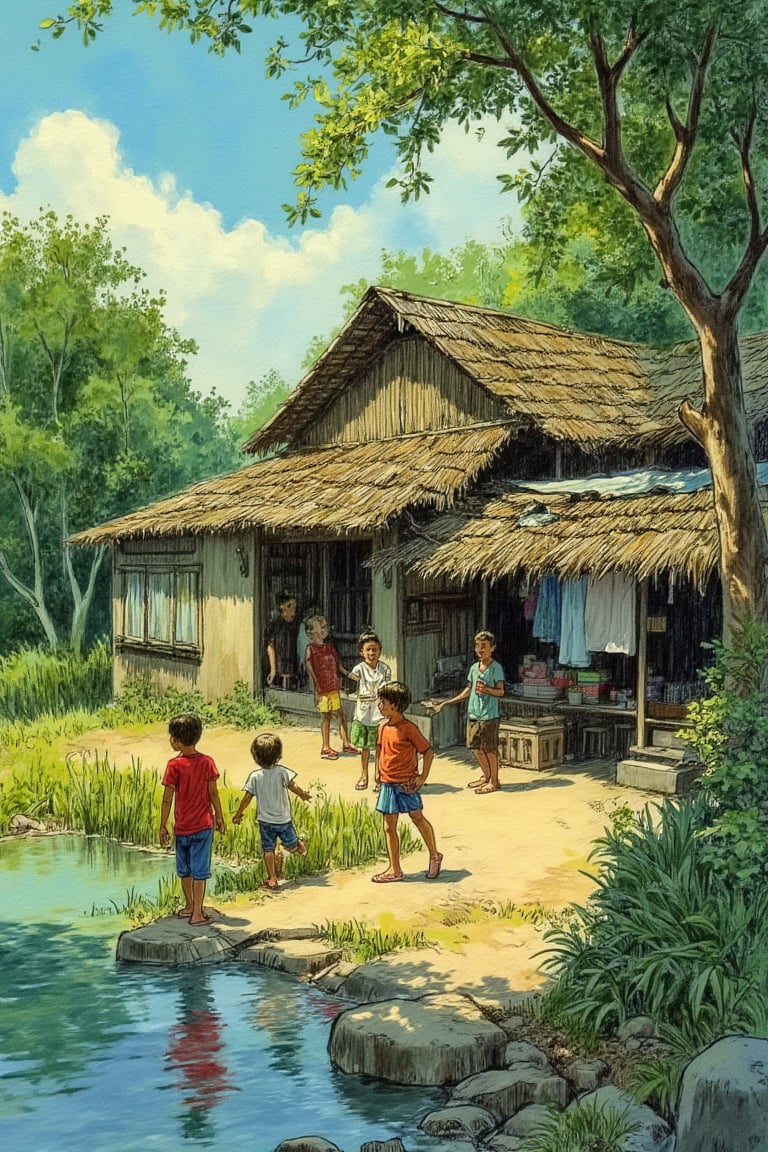 Morning sunlight filters through lush greenery, casting a warm glow on a traditional Malay house as children's laughter and playful shouts fill the air. A tranquil riverbank lies adjacent, its gentle current reflecting the serenity of the scene. The young ones' joyful antics are captured against the vibrant backdrop, with the rustic architecture and natural surroundings blending harmoniously to create a sense of peaceful tranquility.,artlinesketch