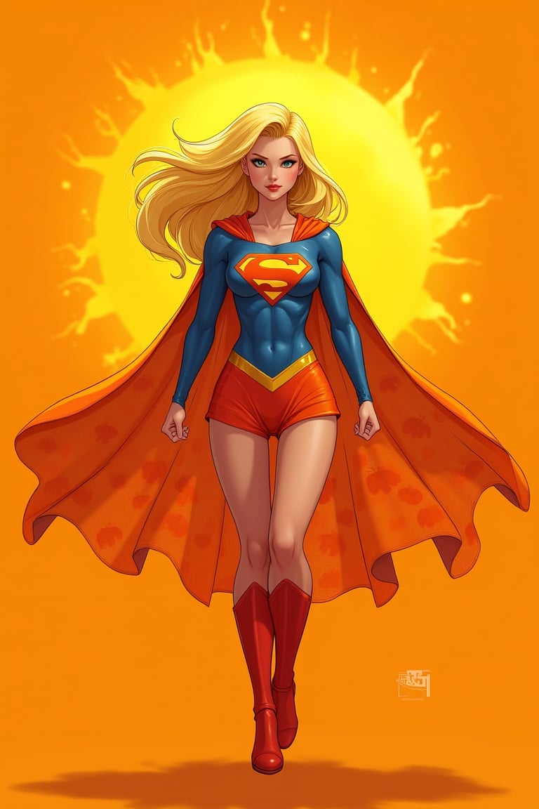 Pumpkin Supergirl stands boldly against a warm orange backdrop, evoking autumn's vibrant hues. Her pumpkin-patterned cape unfurls behind her, aglow like a fiery halo. Bright yellow hair cascades like a radiant crown, as she fixes her gaze heroically into the distance, fists clenched in determination. Swirling orange and yellow sparks dance around her, illuminating her fearless presence.