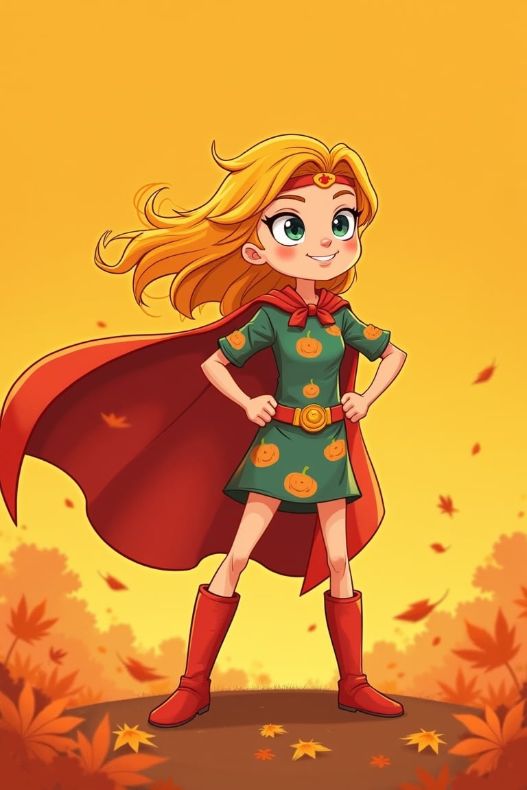 In vibrant, whimsical illustration style, depict a young girl, 'Pumpkin Supergirl', standing confidently against a warm orange background, reminiscent of autumn foliage. She dons a superhero cape with pumpkin-inspired patterns, flowing behind her like a fiery aura. Her bright yellow hair flows like a crown, as she gazes heroically into the distance, fists clenched in determination, surrounded by swirling orange and yellow sparks.