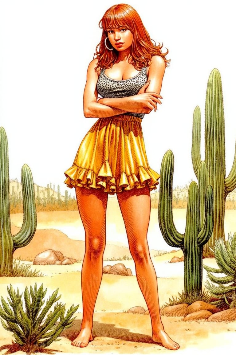 a woman in a leopard print top and a frilly yellow skirt, arms crossed, standing in a desert, Ginger hair with blunt bangs, hoop earrings, cactus, illustrated by Serpieri 