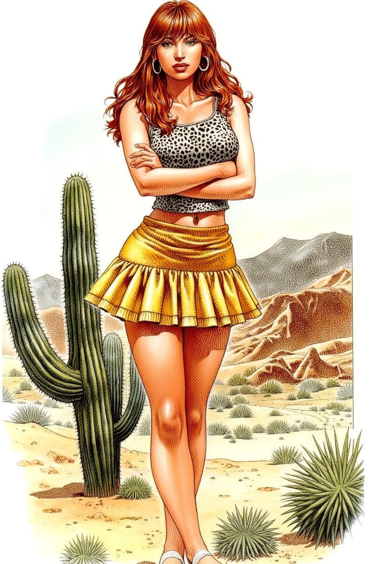 a woman in a leopard print top and a frilly yellow skirt, arms crossed, standing in a desert, Ginger hair with blunt bangs, hoop earrings, cactus, illustrated by Serpieri 